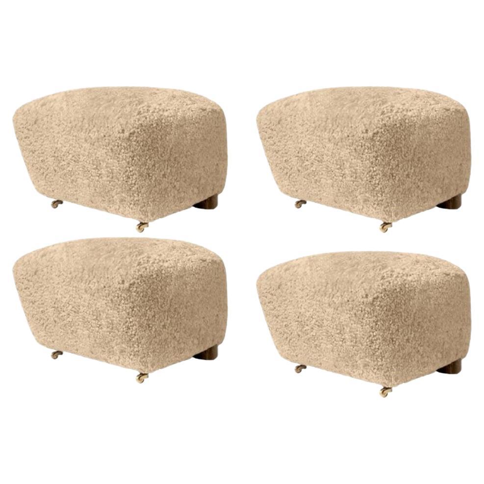 Set of 4 Honey Smoked Oak Sheepskin the Tired Man Footstools by Lassen For Sale