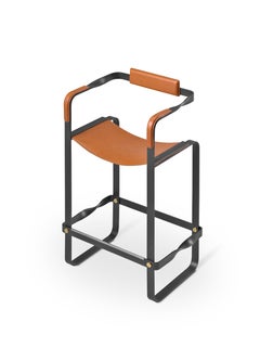 Set of 4 Contemporary Barstool w. Backrest Nuit Noir & Tobacco Leather