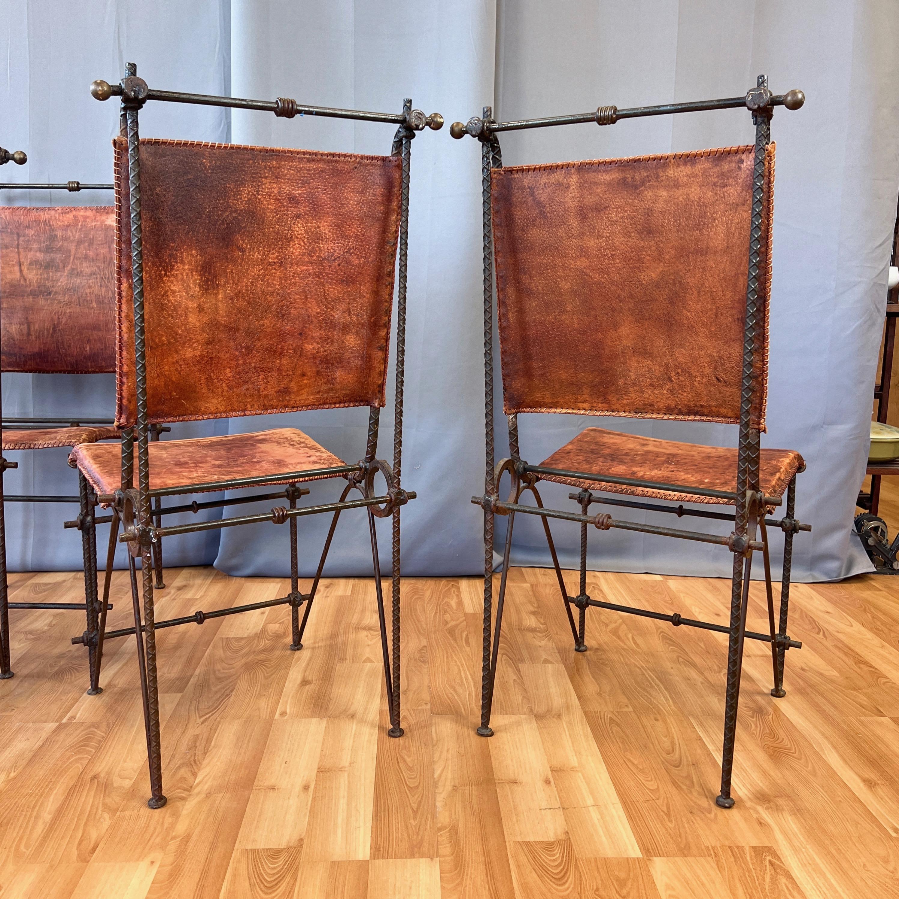 Set of 4 Ilana Goor-Attributed Brutalist Metal and Leather Dining Chairs, 1980 For Sale 4