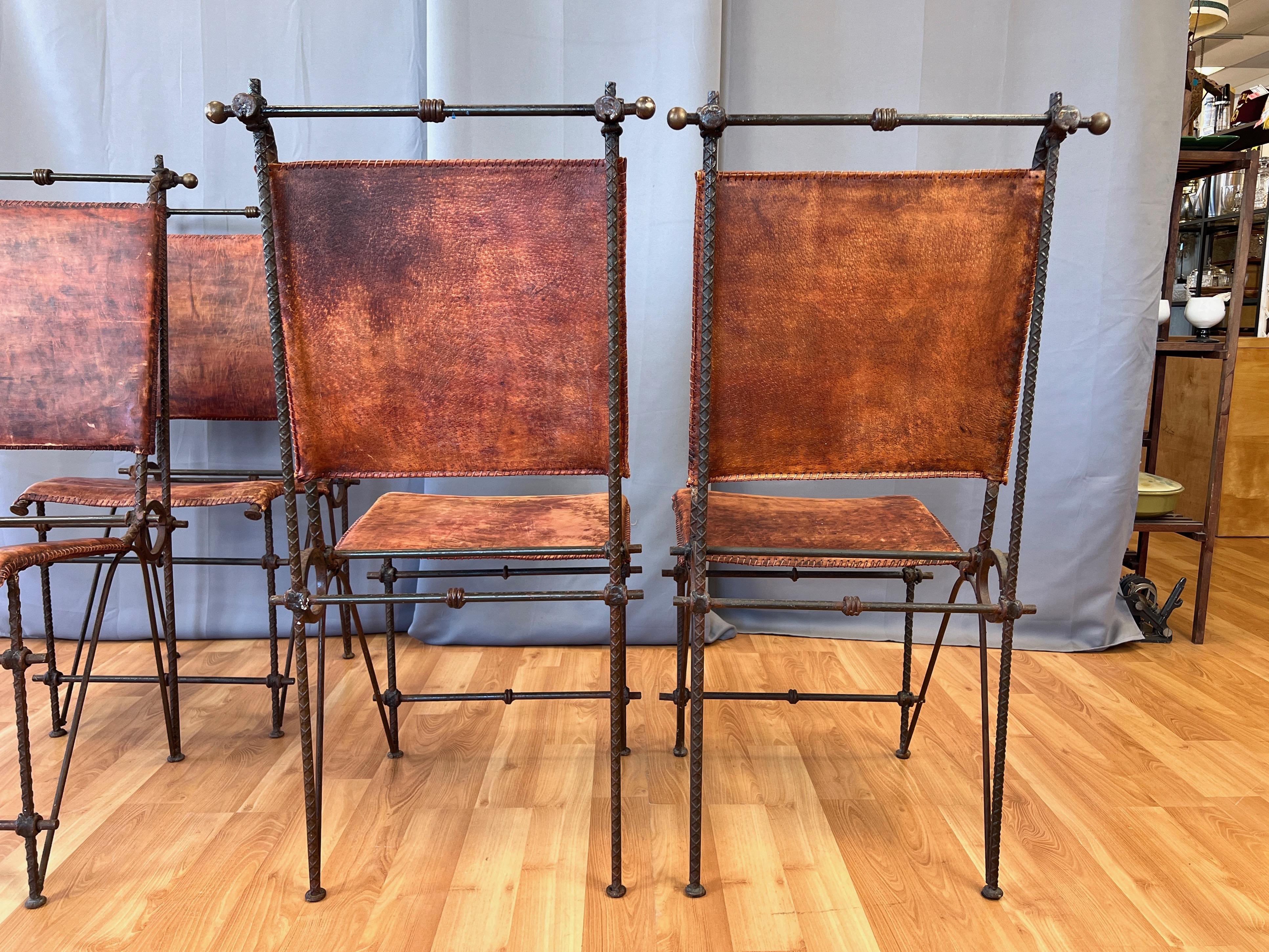 Set of 4 Ilana Goor-Attributed Brutalist Metal and Leather Dining Chairs, 1980 For Sale 4