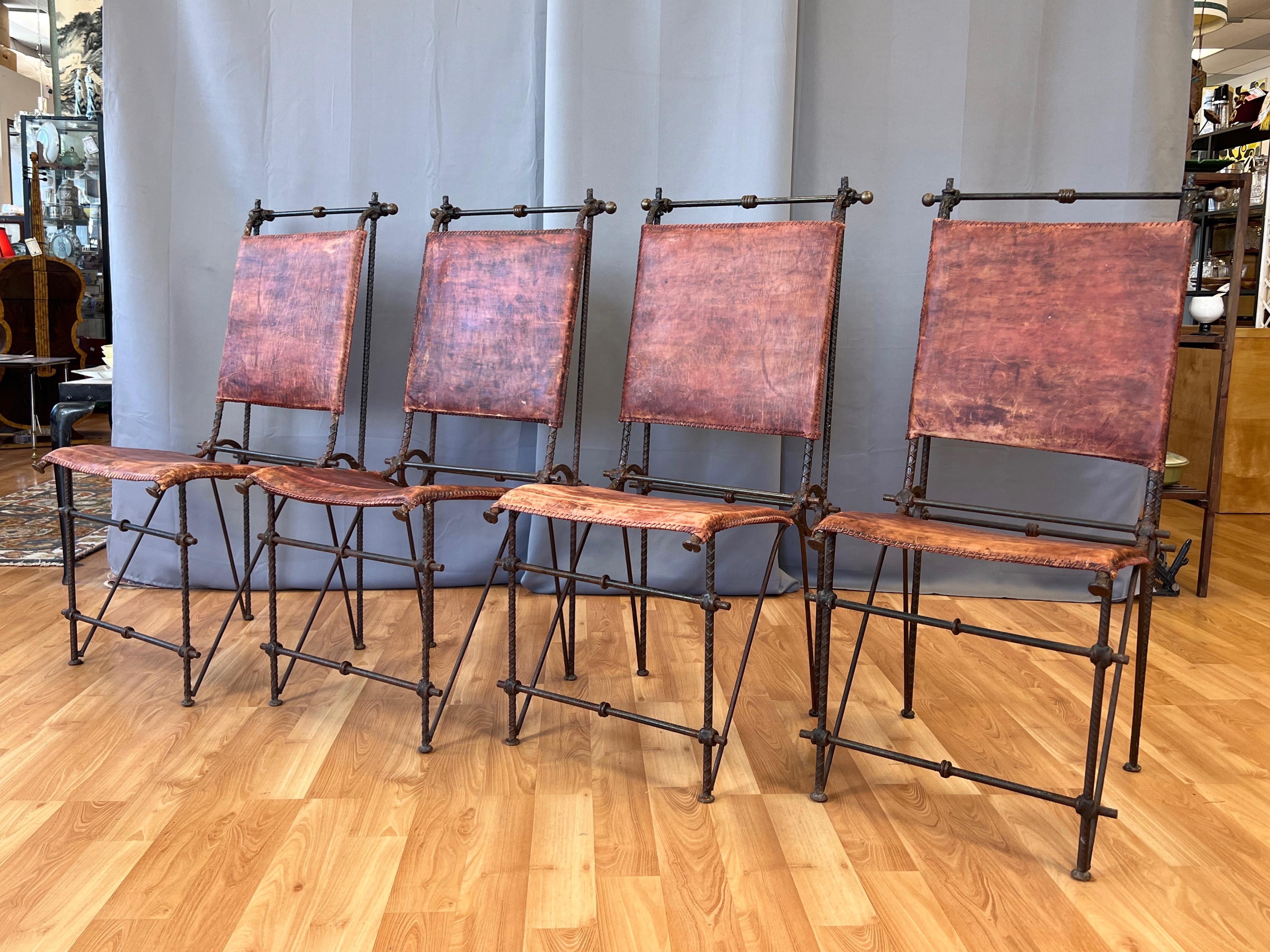 A set of four circa 1980 Brutalist metal and leather dining chairs attributed to notable Israeli artist and sculptor Ilana Goor (b. 1936.)

Striking and unique in their design, materials, and hand-worked fabrication. Geometrically complex sculptural