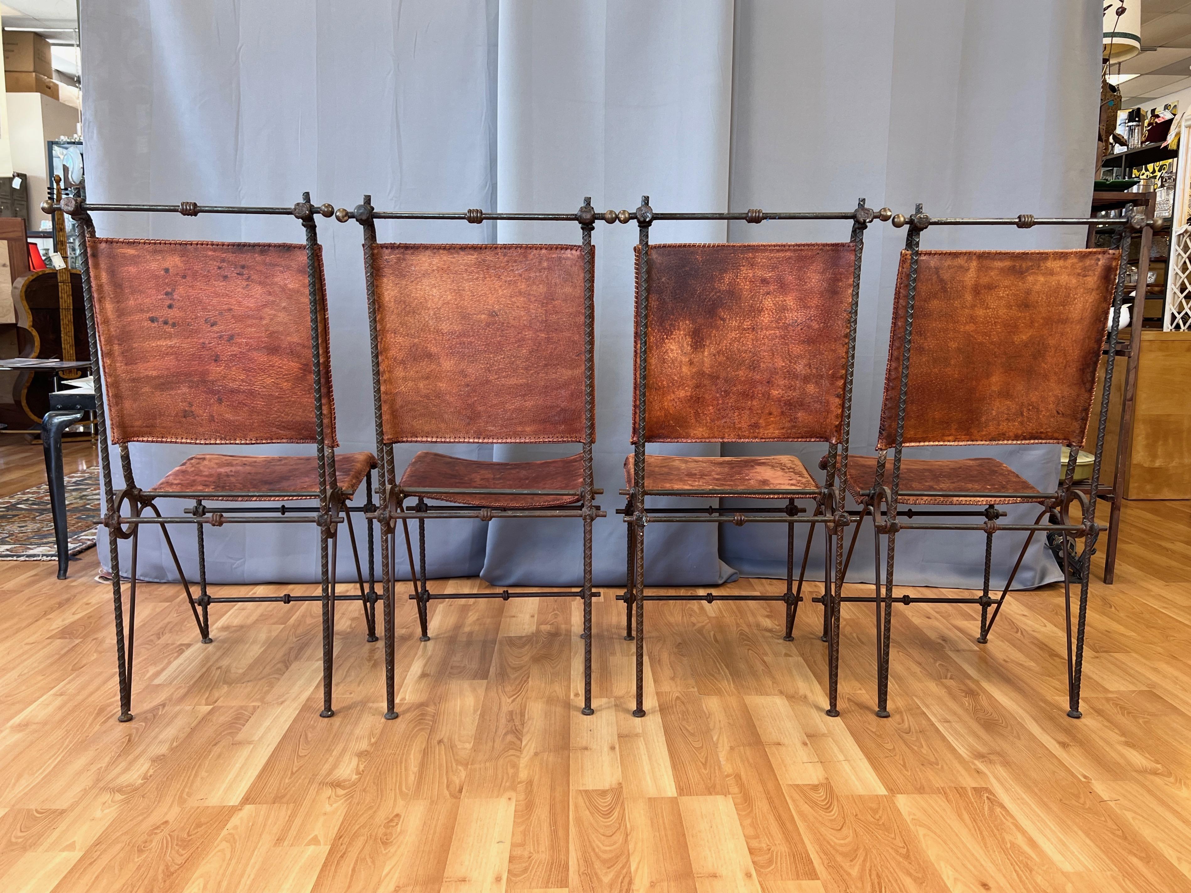 Late 20th Century Set of 4 Ilana Goor-Attributed Brutalist Metal and Leather Dining Chairs, 1980 For Sale