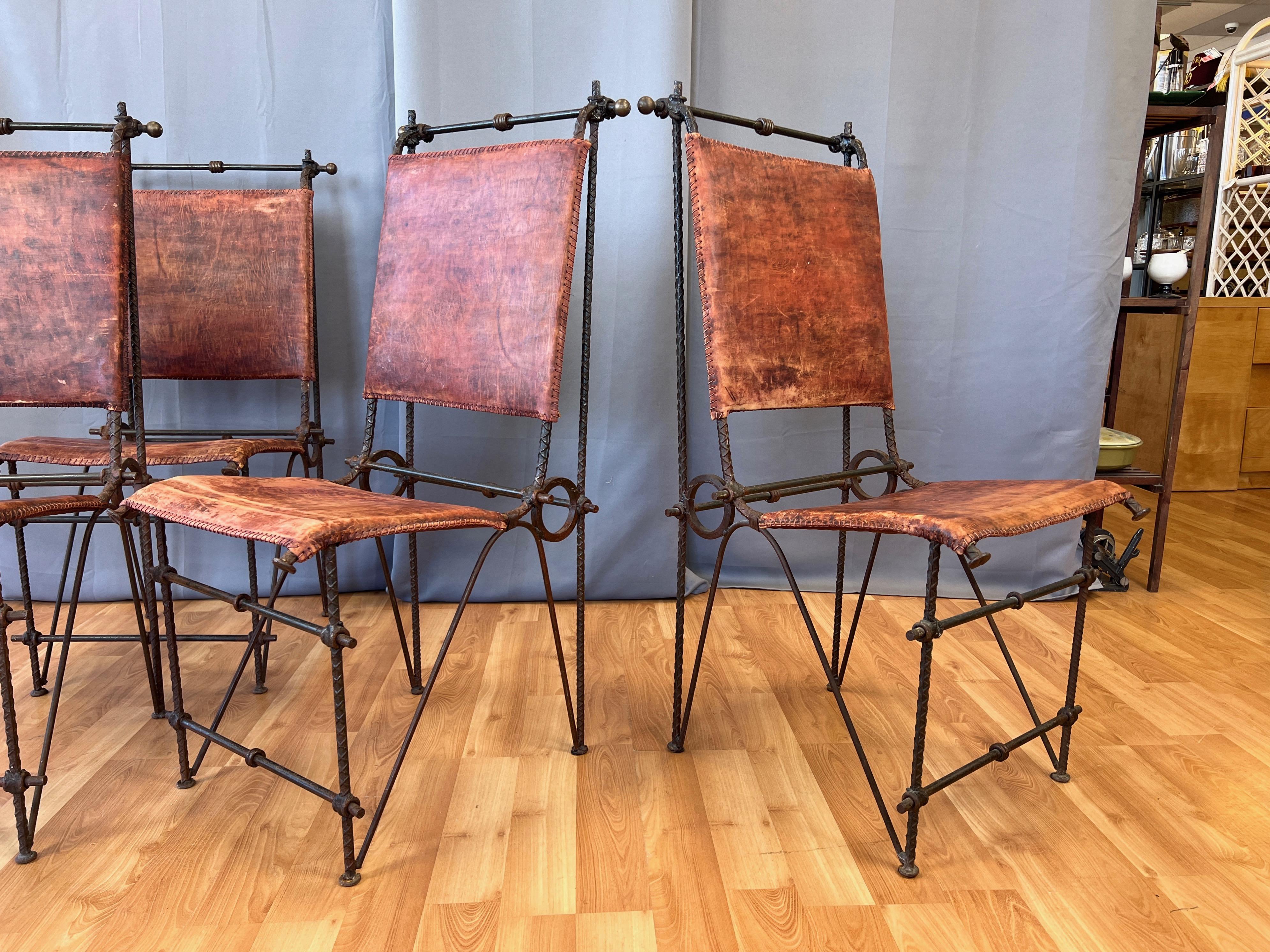 Steel Set of 4 Ilana Goor-Attributed Brutalist Metal and Leather Dining Chairs, 1980 For Sale