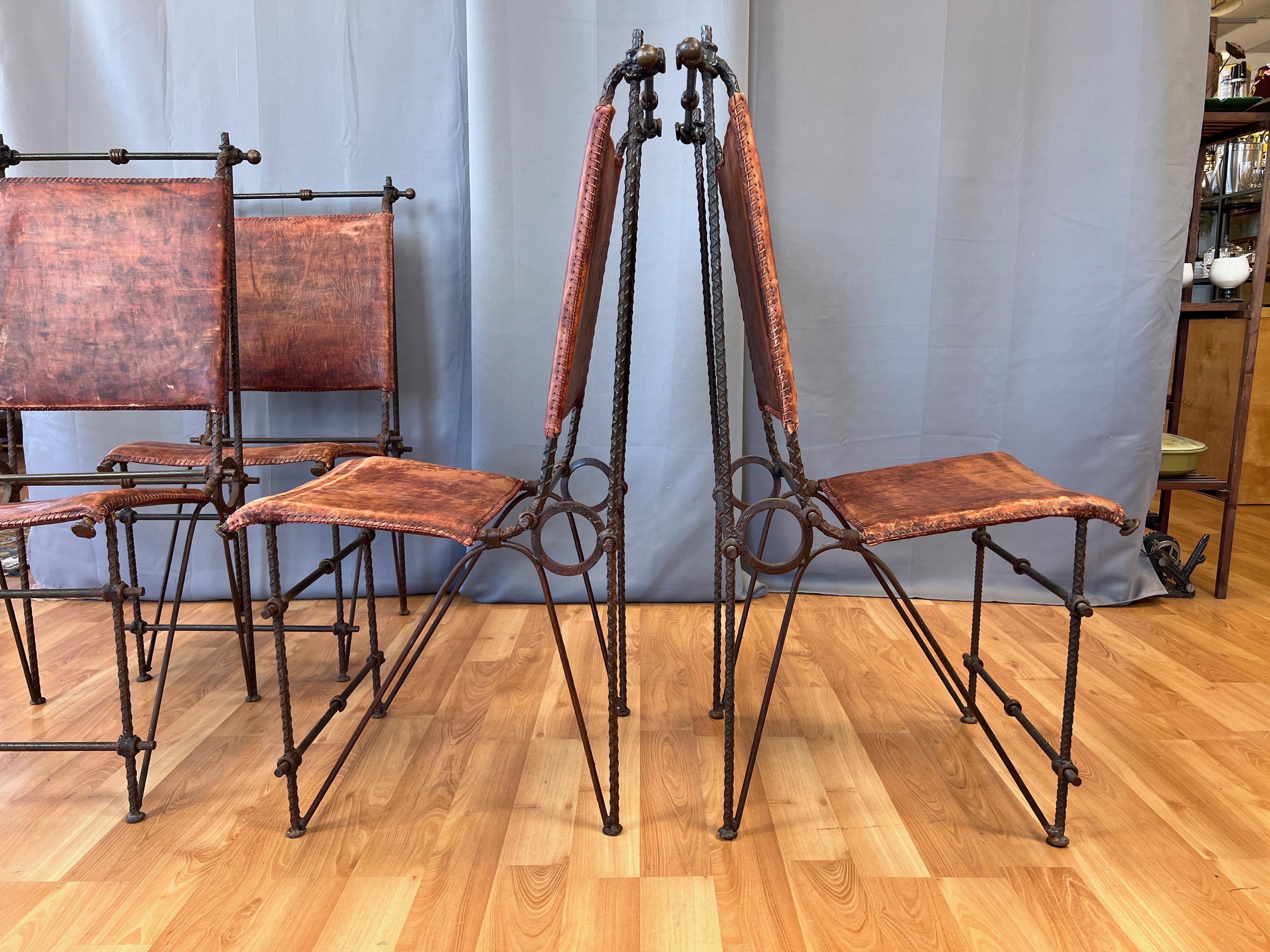 Set of 4 Ilana Goor-Attributed Brutalist Metal and Leather Dining Chairs, 1980 For Sale 3