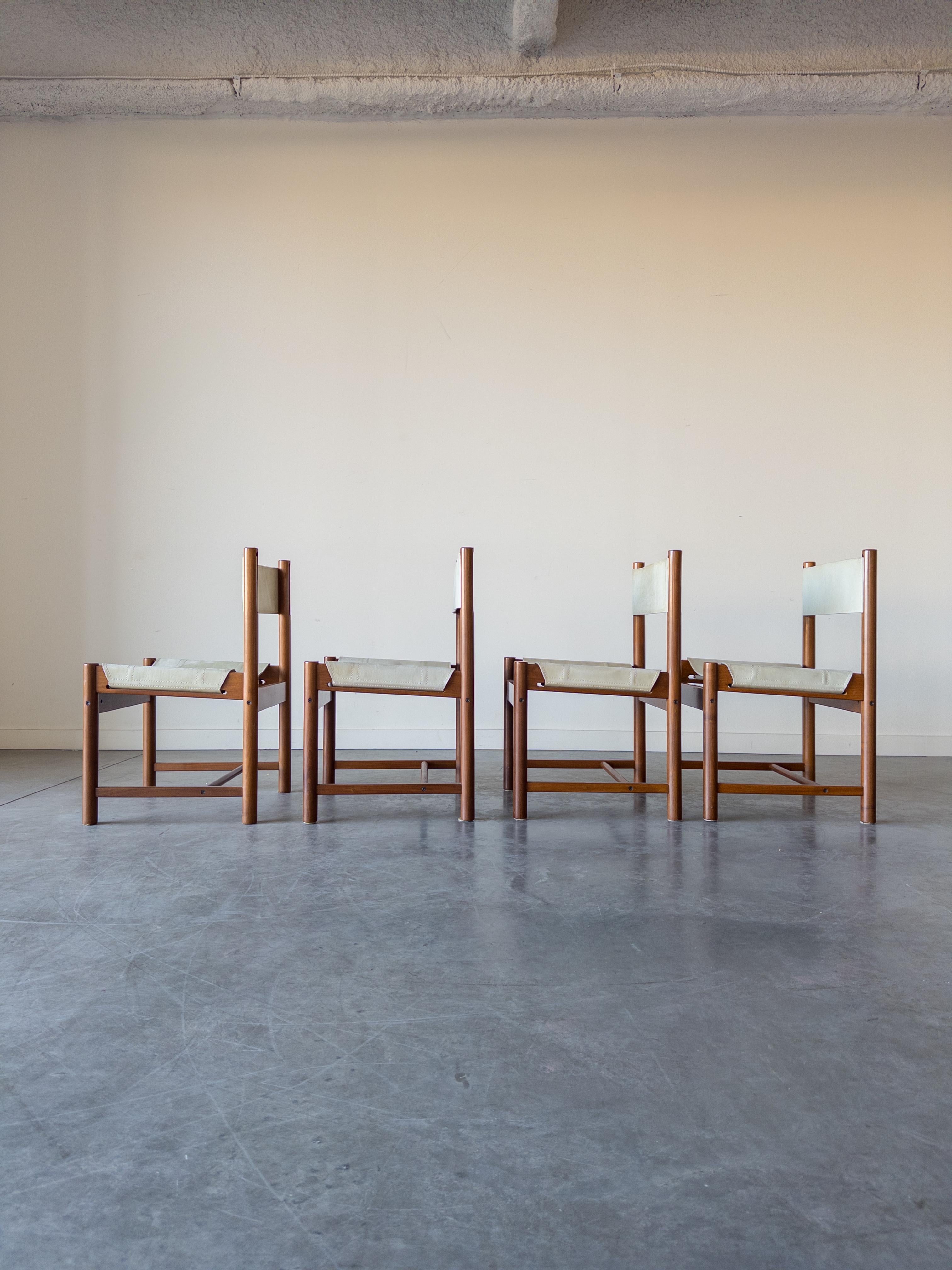Mid-Century Modern Set of 4 Imbuia Wood and Leather Sling Chairs by Michel Arnoult