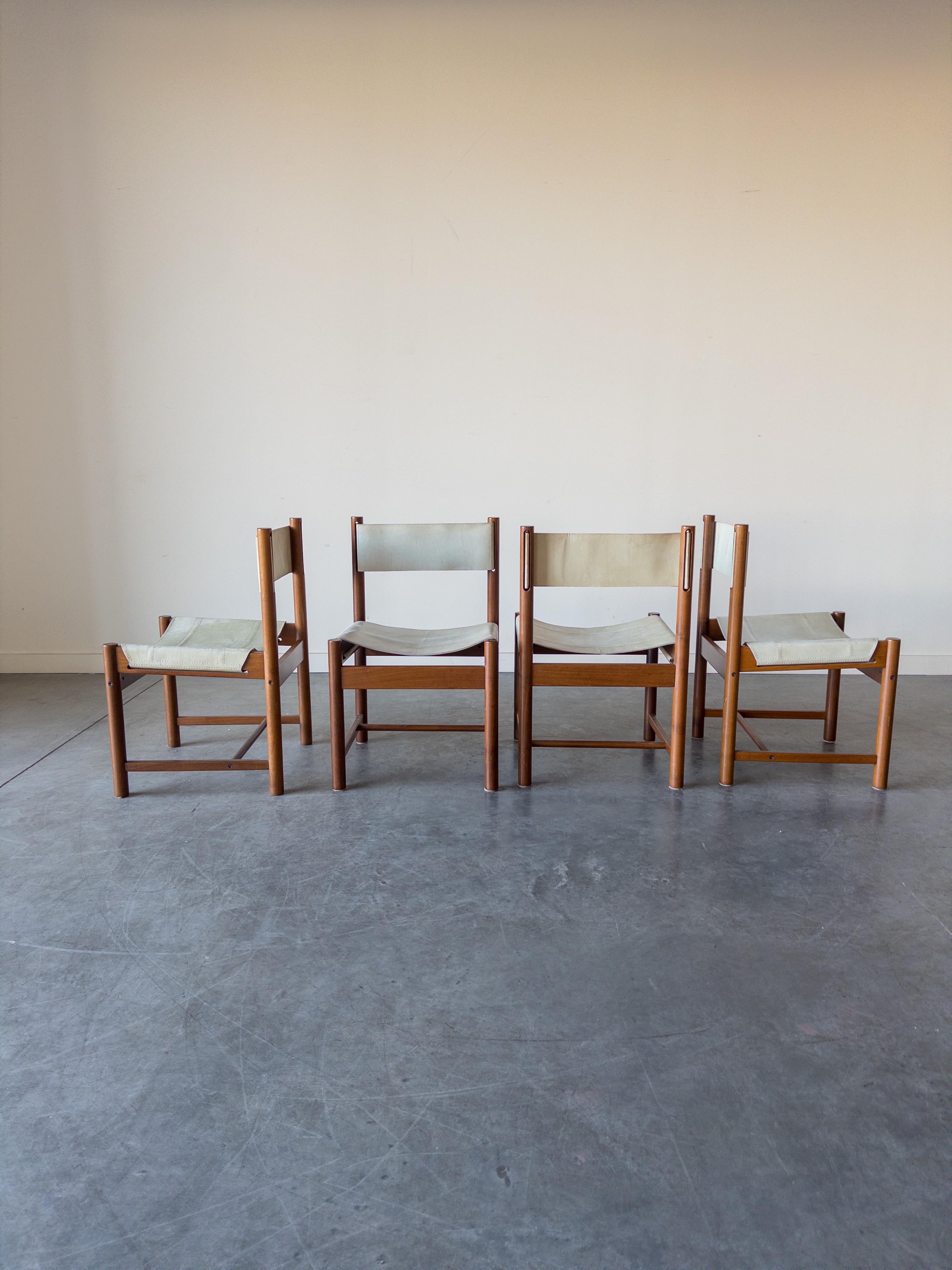 Brazilian Set of 4 Imbuia Wood and Leather Sling Chairs by Michel Arnoult