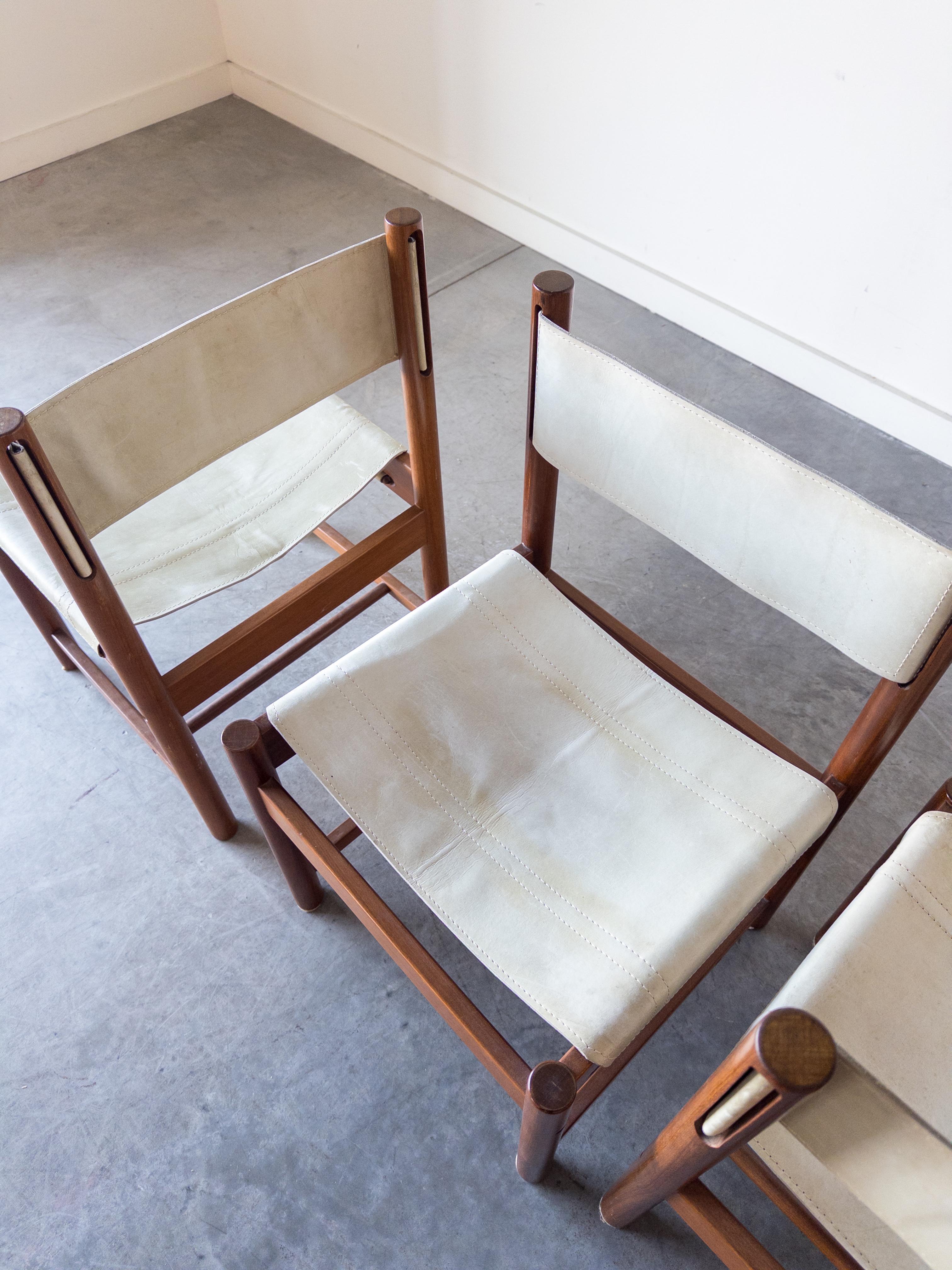 Set of 4 Imbuia Wood and Leather Sling Chairs by Michel Arnoult In Good Condition In New York, NY