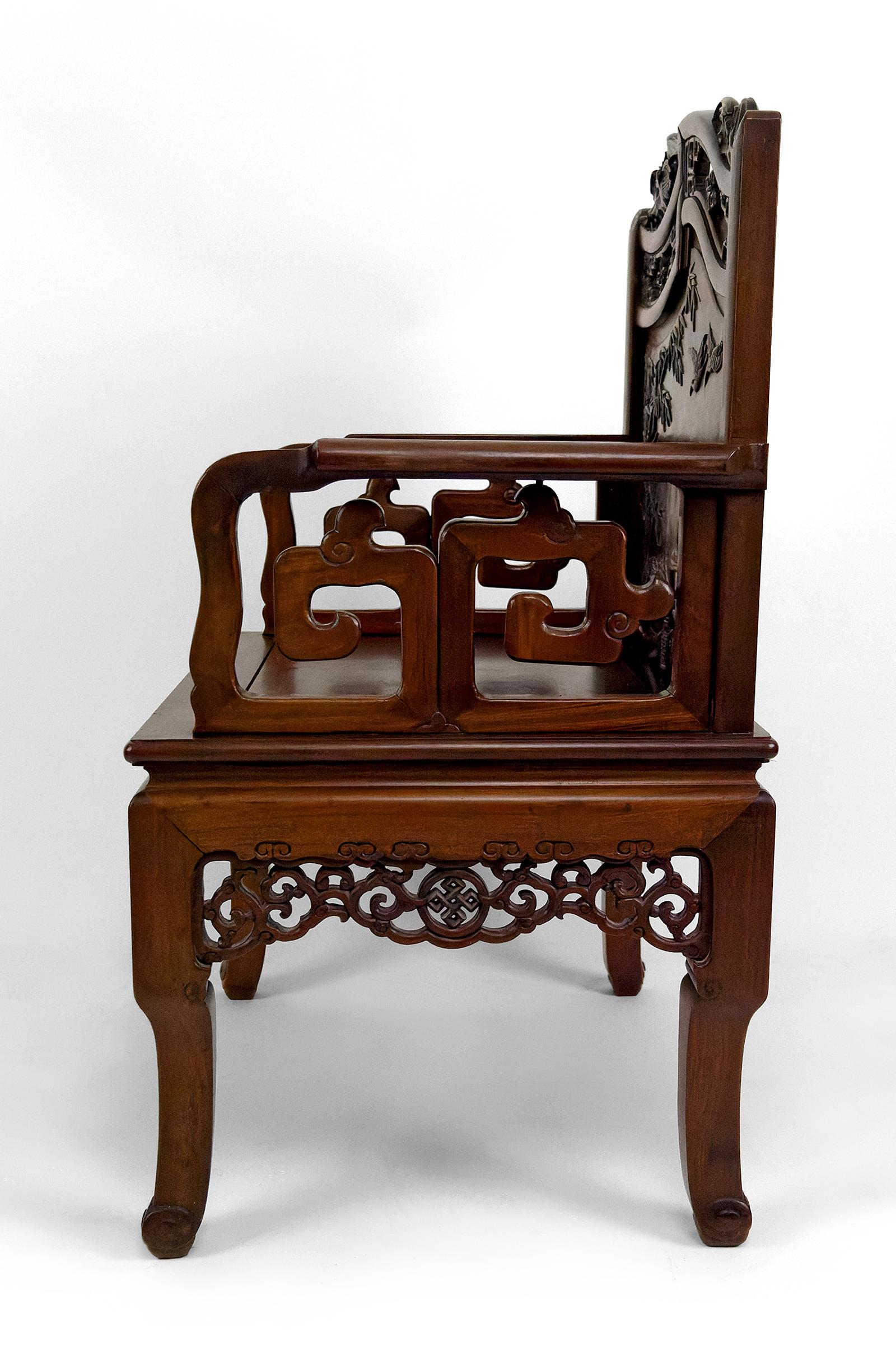 Vietnamese Set of 4 important Asian armchairs with Bats and Cranes, Indochina, Circa 1880 For Sale