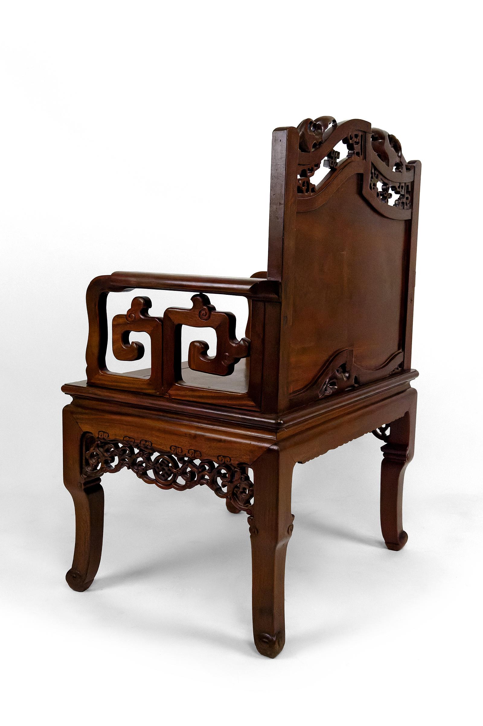 Carved Set of 4 important Asian armchairs with Bats and Cranes, Indochina, Circa 1880 For Sale