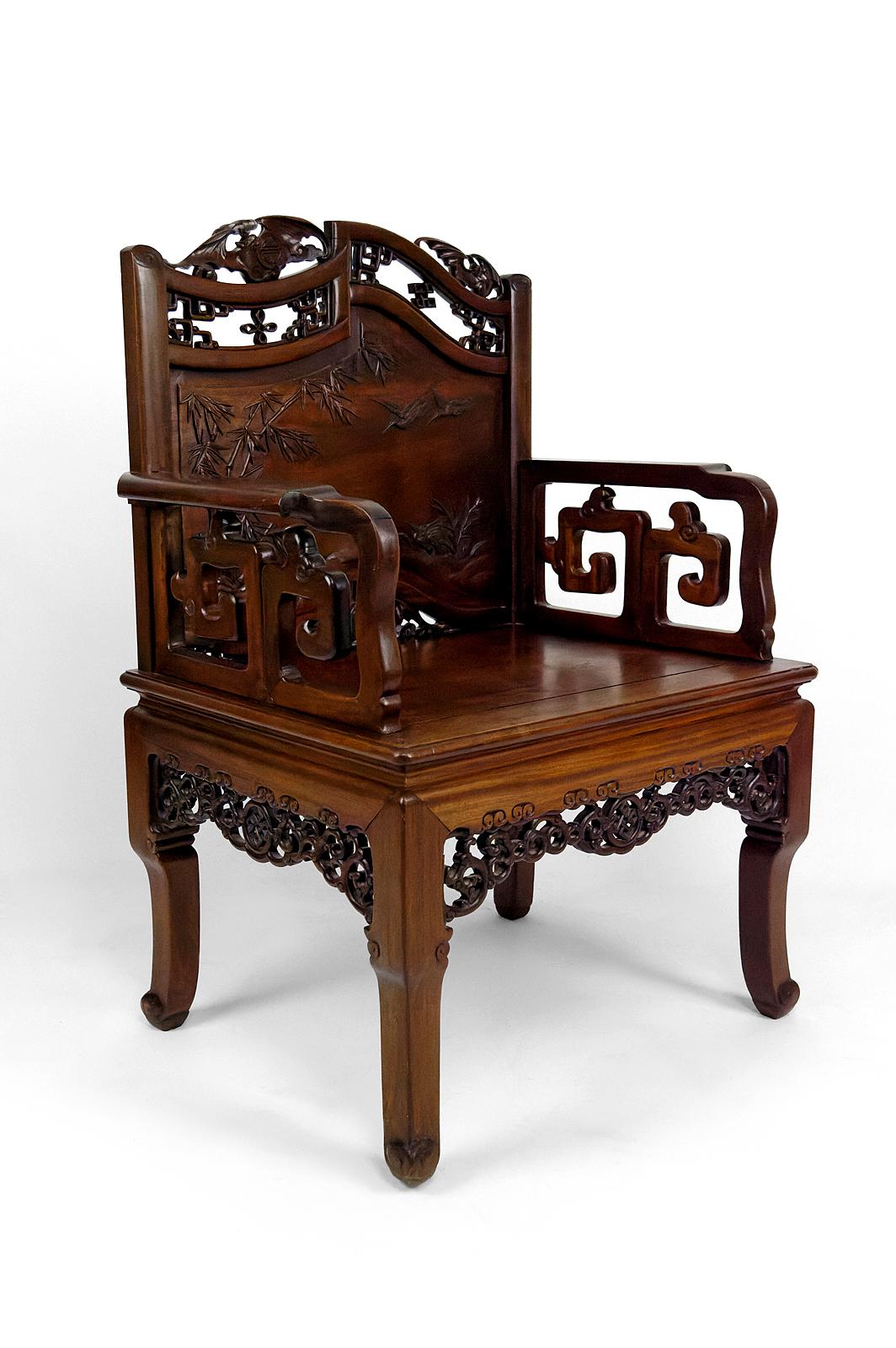 Set of 4 important Asian armchairs with Bats and Cranes, Indochina, Circa 1880 For Sale 1