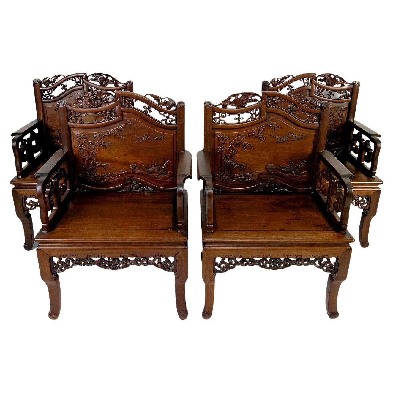 Set of 4 important Asian armchairs with Bats and Cranes, Indochina, Circa 1880 For Sale