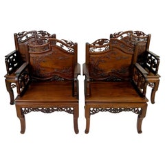 Antique Set of 4 important Asian armchairs with Bats and Cranes, Indochina, Circa 1880