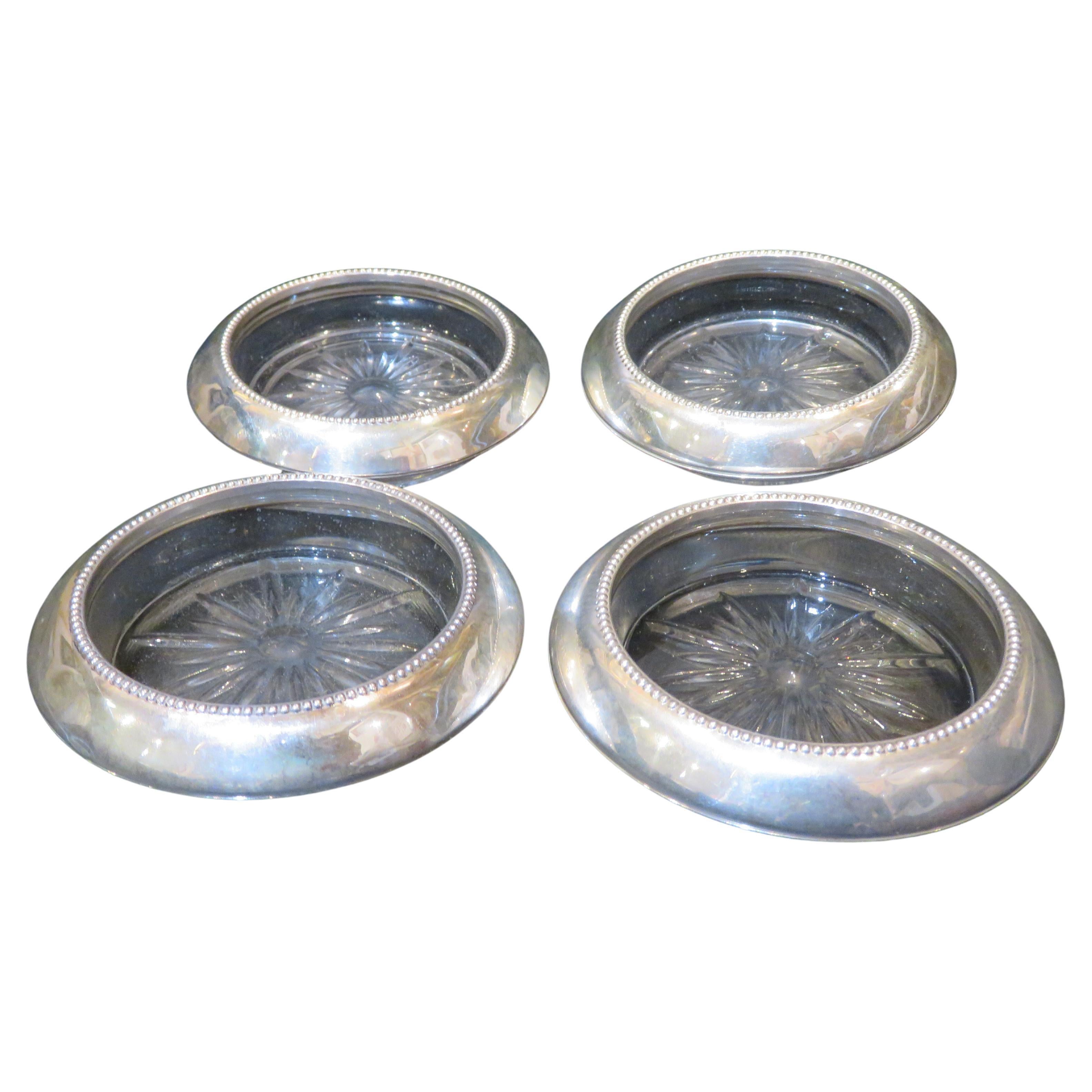 Juego de 4 importantes centros de mesa de cristal con recubrimiento de plata STERLING Frank M. Whiting Co.