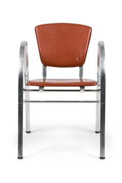 Set of 4 Indecasa Spanish Mid-Century Rust Leather and Chrome Arm Chairs