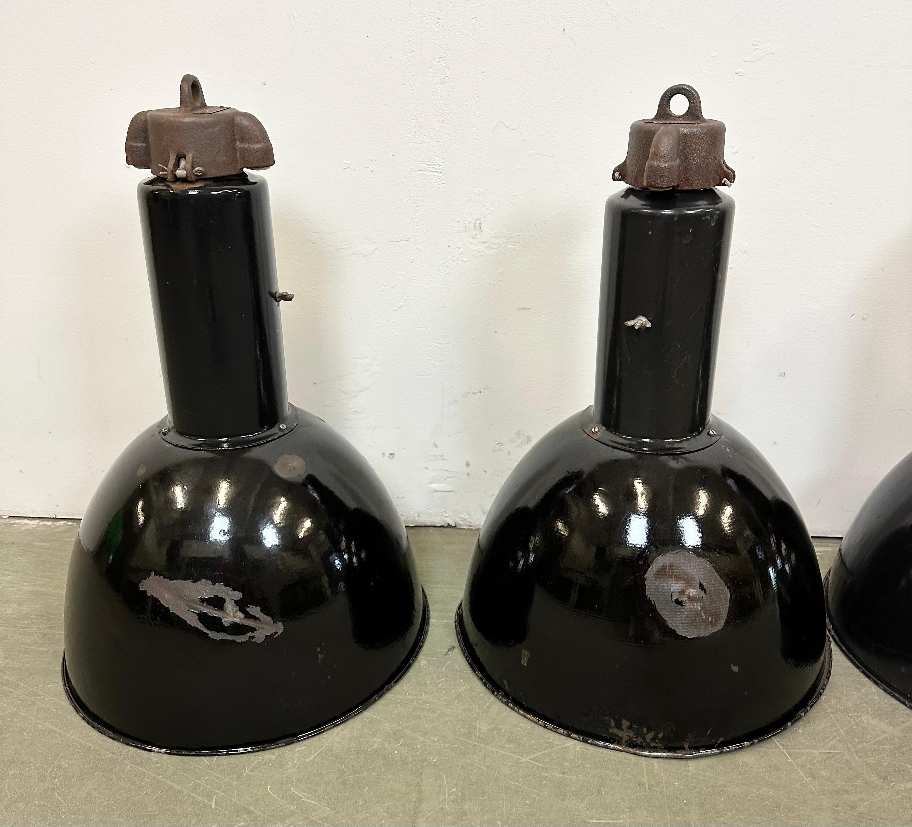 Czech Set of 4 Industrial Bauhaus Black Enamel Pendant Lamps, 1950s For Sale