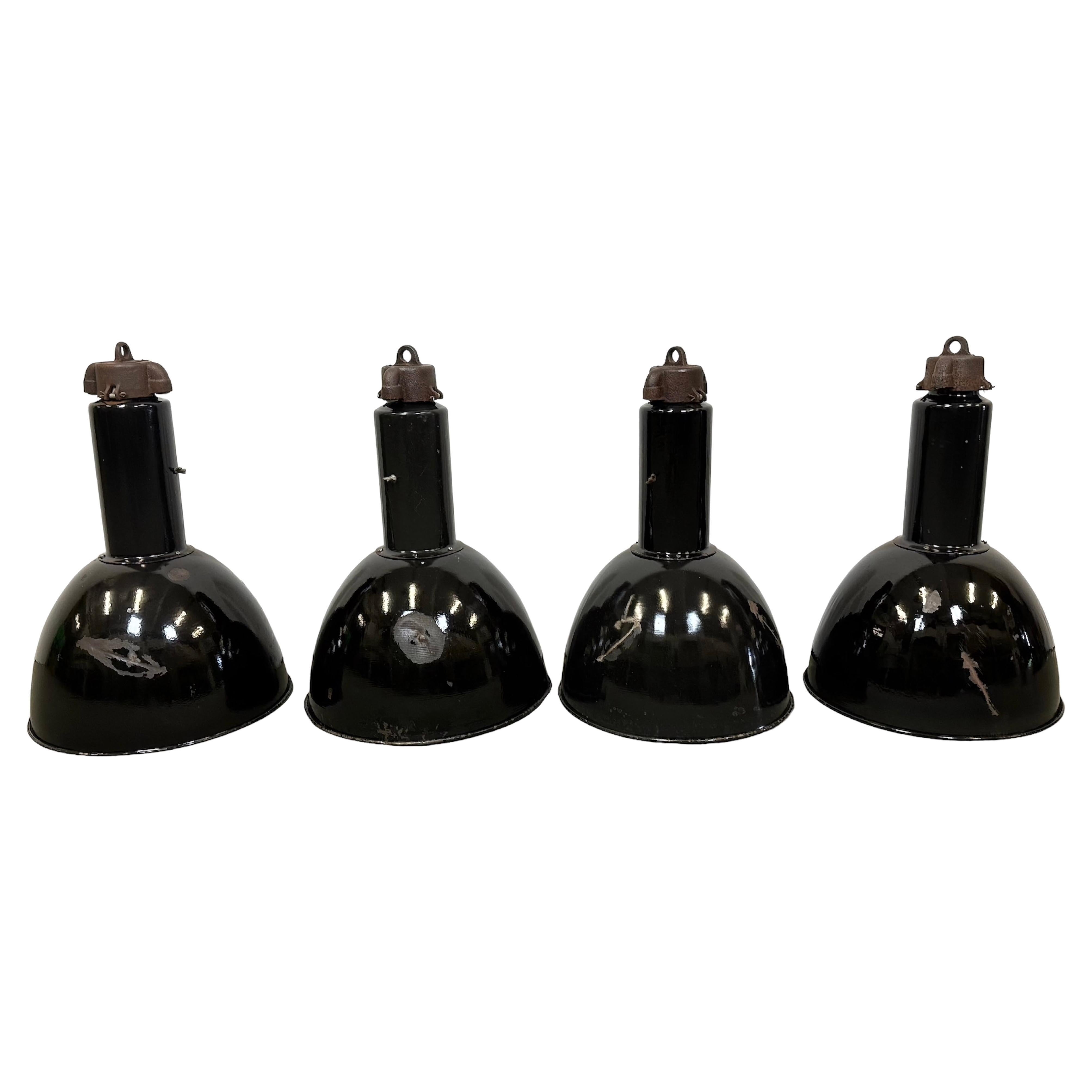 Set of 4 Industrial Bauhaus Black Enamel Pendant Lamps, 1950s For Sale