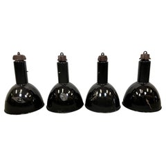 Set of 4 Industrial Bauhaus Black Enamel Pendant Lamps, 1950s