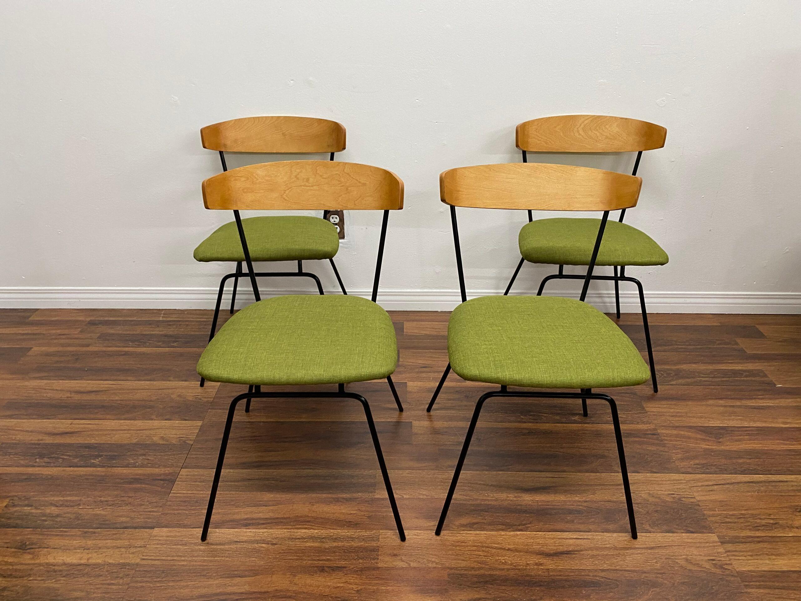 Set of four (4) dining chairs, model #C-1, designed by Clifford Pascoe for Modern masters. Priced as a set of four. Features newly reupholstered seats in tweed. This chair was included in the 1952 Museum of Modern Art Good Design show.