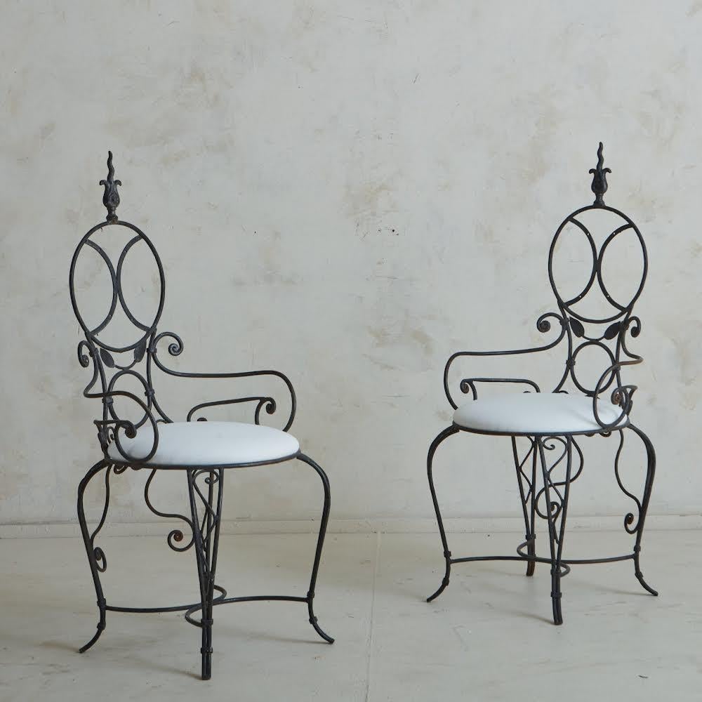 Neoclassical Set of 4 Iron Frame Garden Chairs in Snowy White Sunbrella Fabric, France 1960s For Sale