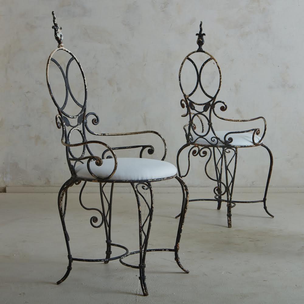 Mid-20th Century Set of 4 Iron Frame Garden Chairs in Snowy White Sunbrella Fabric, France 1960s