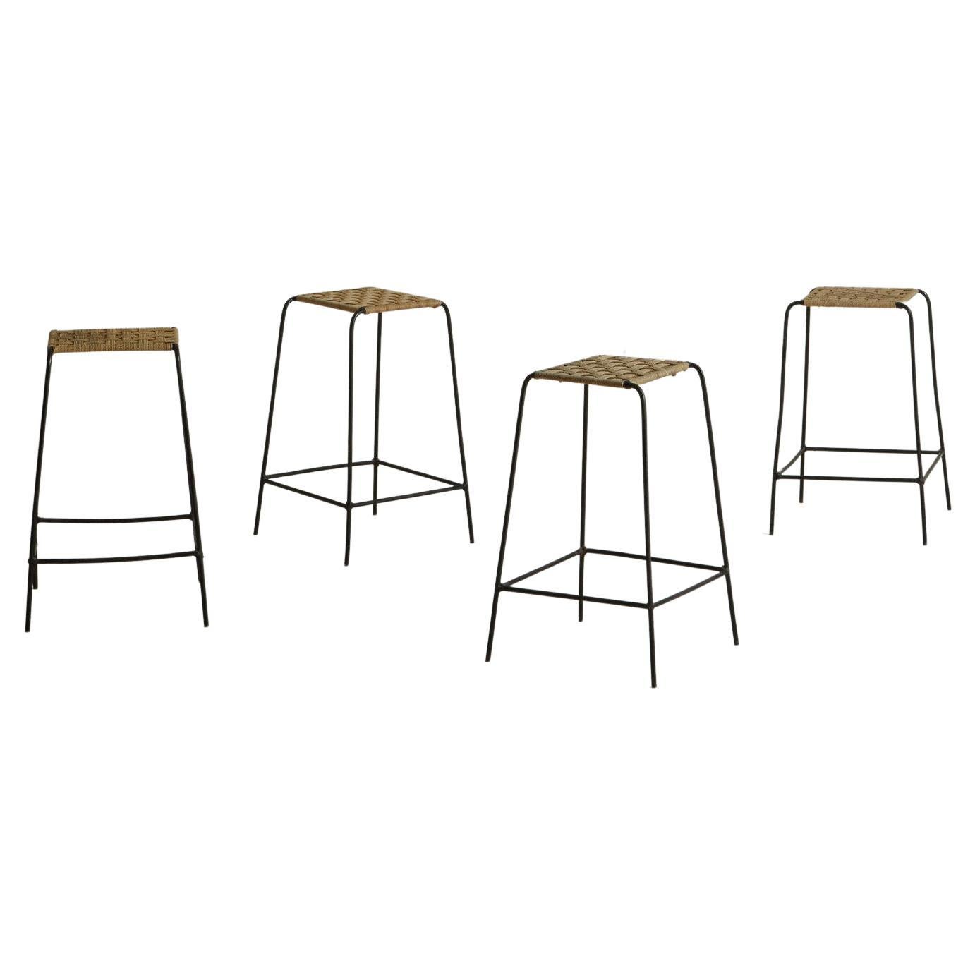 Set of 4 Iron + Rope Stools, France, 1960s