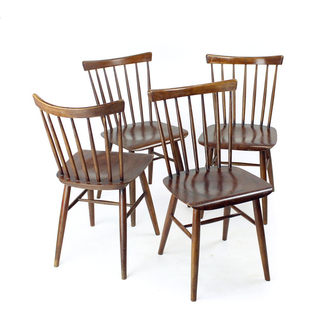 Set of the iconic Ironica chairs produced by TON. The timeless design of these chairs makes them a great fit for any interiors. The chairs are made of oak wood with a bent plywood seats. The chairs in this set are in very good vintage condition