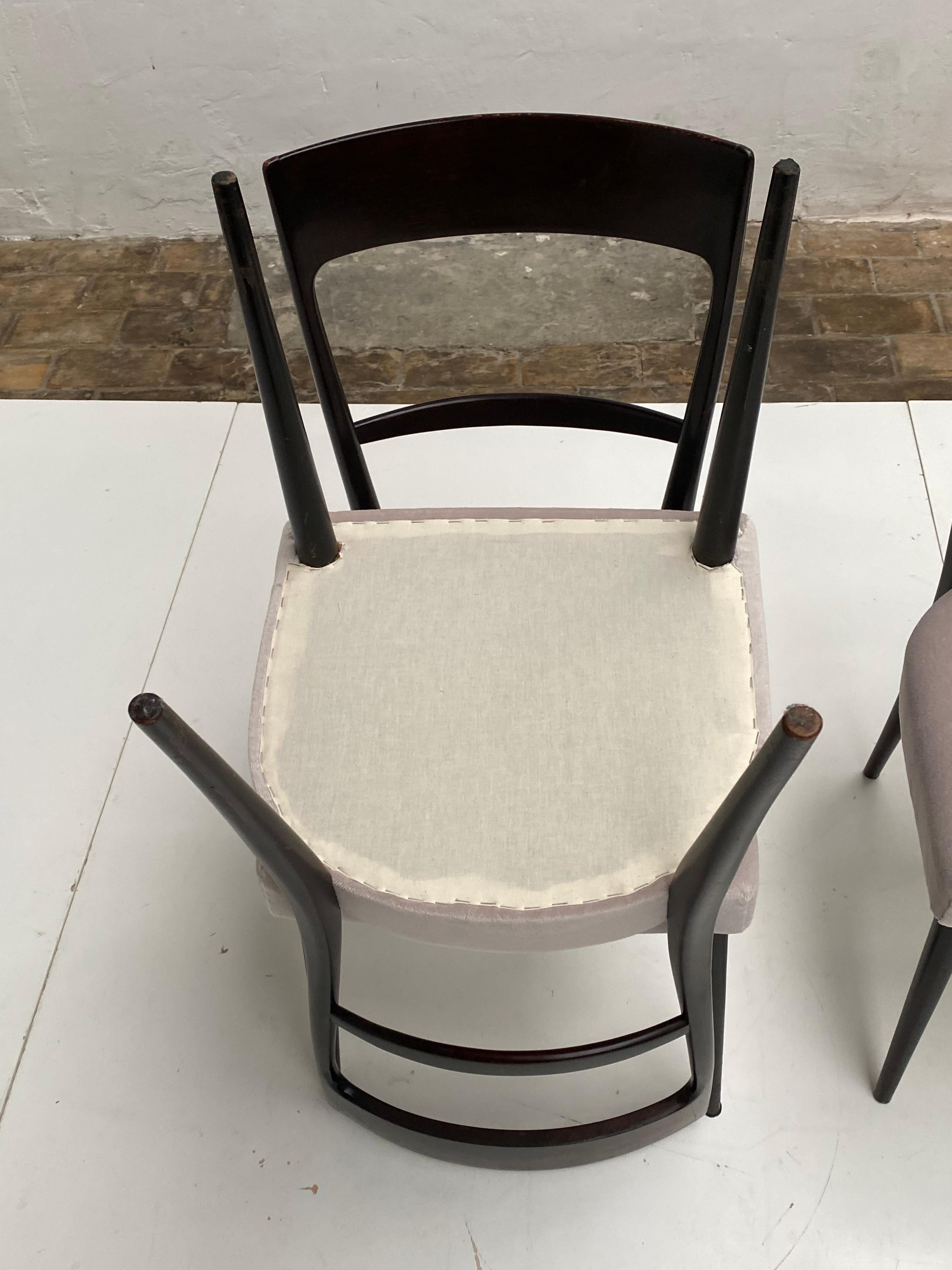 Stained Set of 4 Italian 1950s Dining Chairs with New Mohair Velvet Upholstery  For Sale