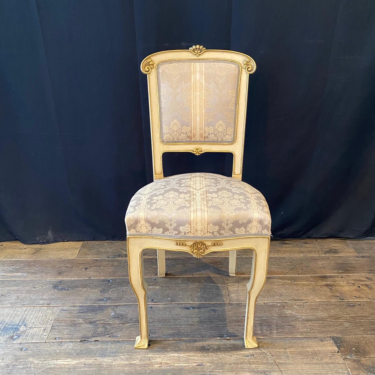 Set of 4 Italian Art Nouveau Gold Gilt and Cream Painted Dining Chairs For Sale 7