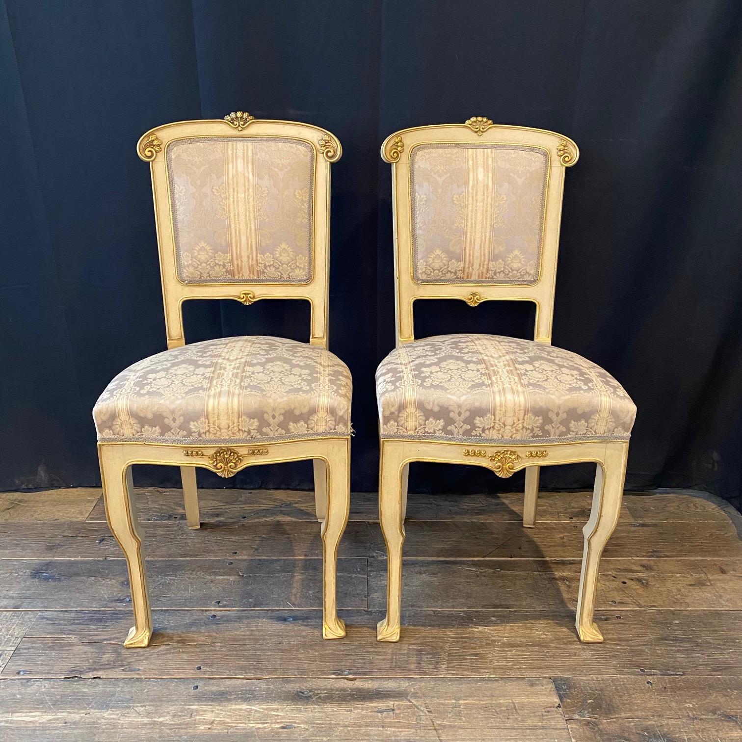 Upholstery Set of 4 Italian Art Nouveau Gold Gilt and Cream Painted Dining Chairs For Sale