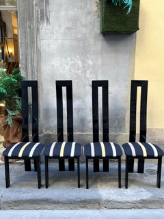 Set of 4 Italian Black Lacquered High Back Dining Chairs Striped Seat, 1970s