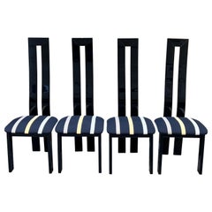 Set of 4 Italian Black Lacquered High Back Dining Chairs Striped Seat, 1970s