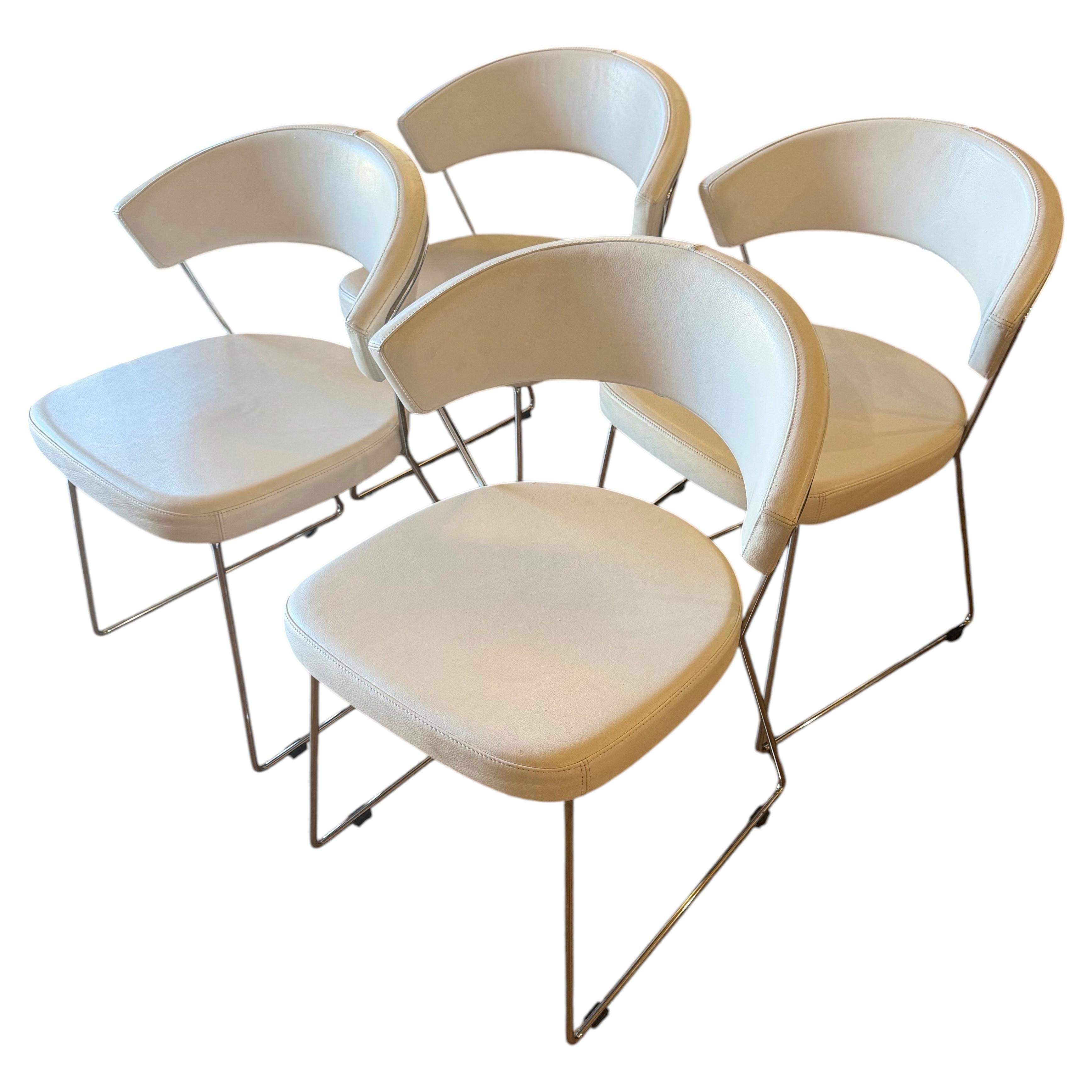 Pre-owned Calligaris Set Of 4 Italian  Chairs Postmodern Contemporary Chrome & Naugahyde In Beige