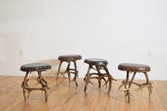 Set of 4 Italian Deer Antler & Leather Upholstered Benches, early 20th century