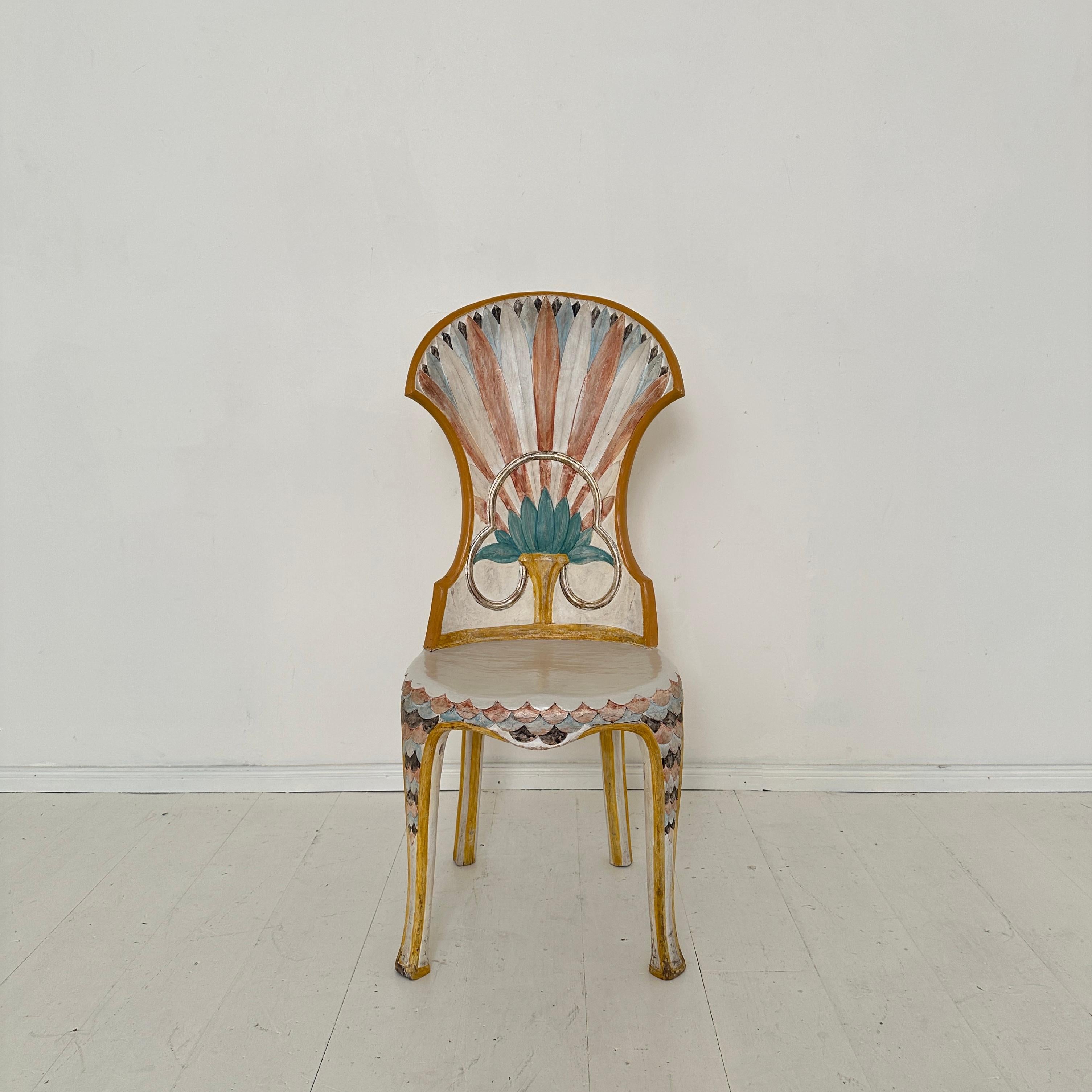 Hand-Carved Set of 4 Italian Dining Chairs in the Egyptian Revival, Carved, Painted, 1970s