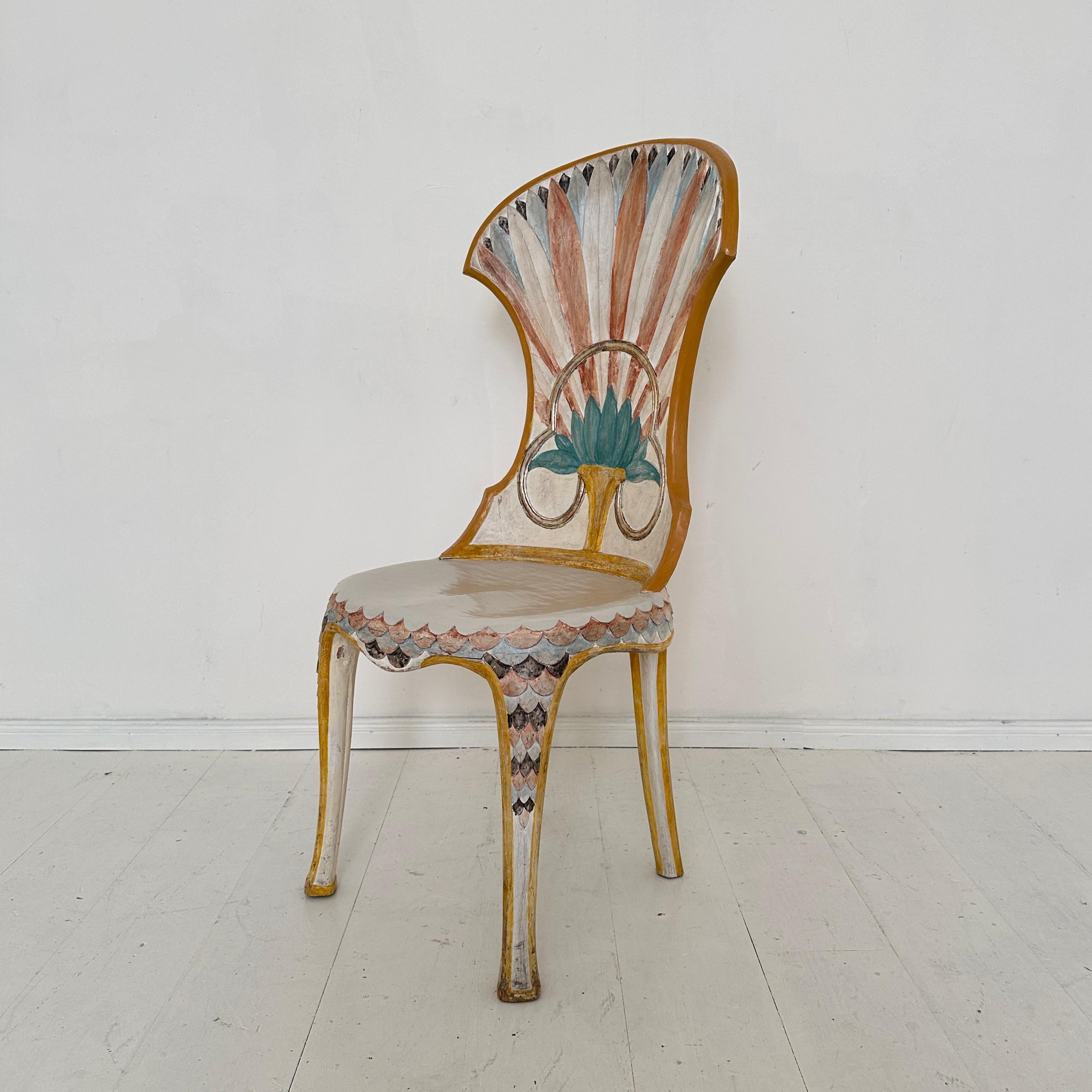 Beech Set of 4 Italian Dining Chairs in the Egyptian Revival, Carved, Painted, 1970s