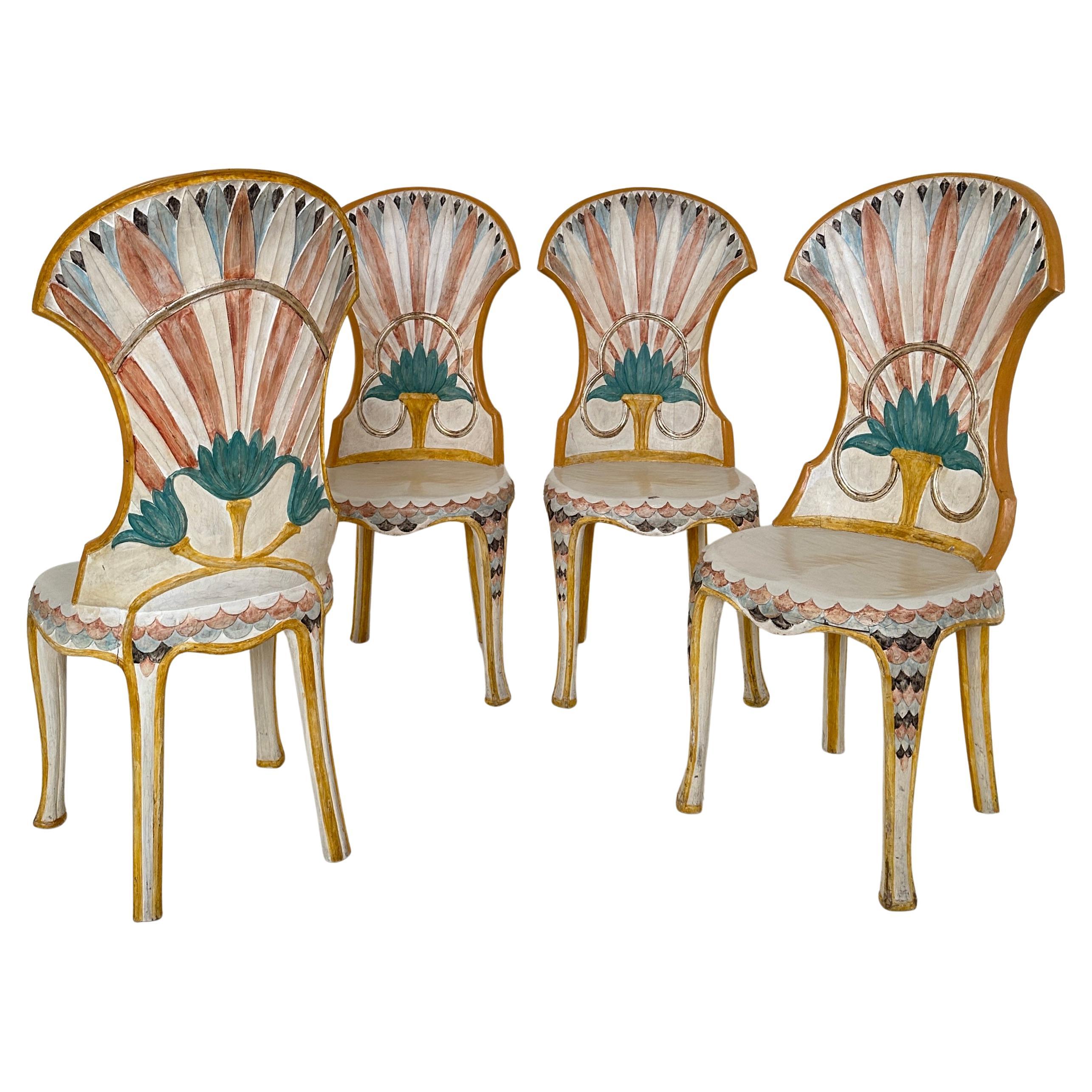 Set of 4 Italian Dining Chairs in the Egyptian Revival, Carved, Painted, 1970s