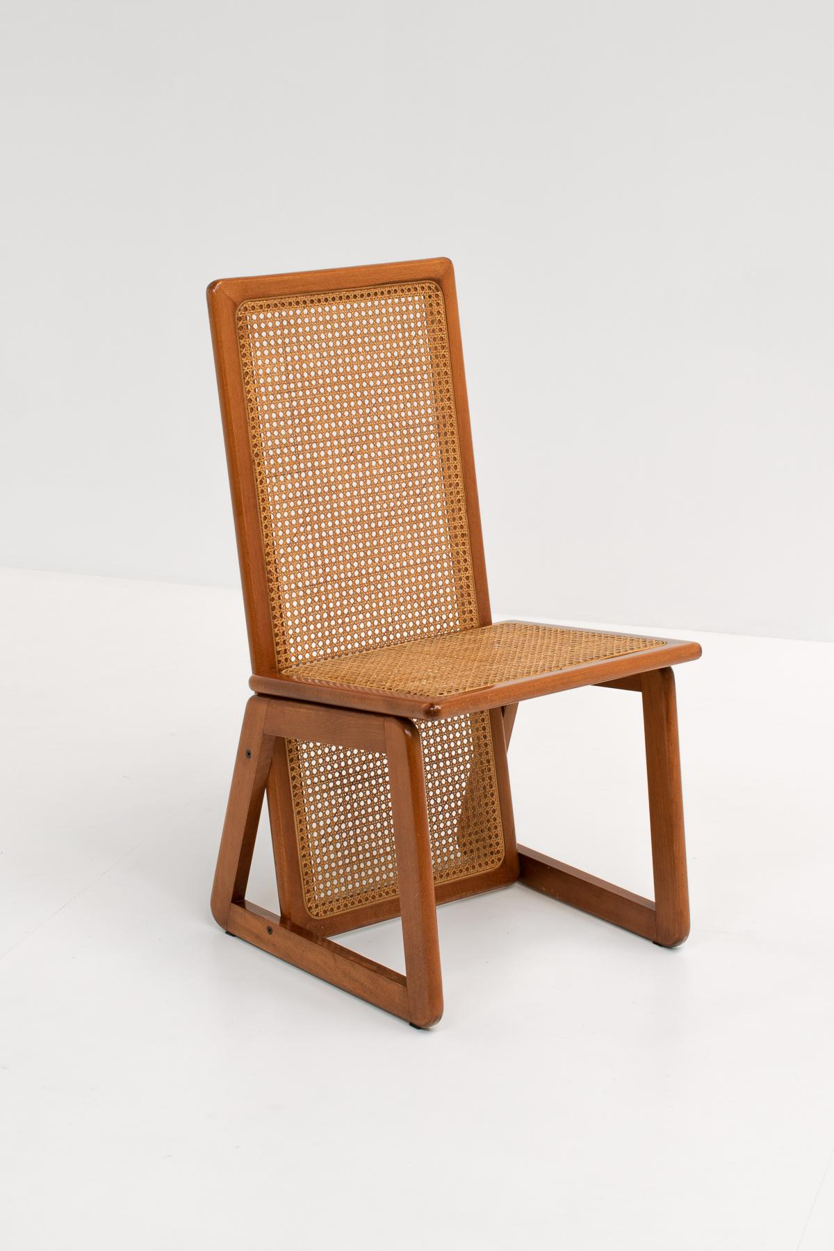 Modern Set of 4 Italian High-Back Dining Chairs in Wood & Cane, 1970s For Sale