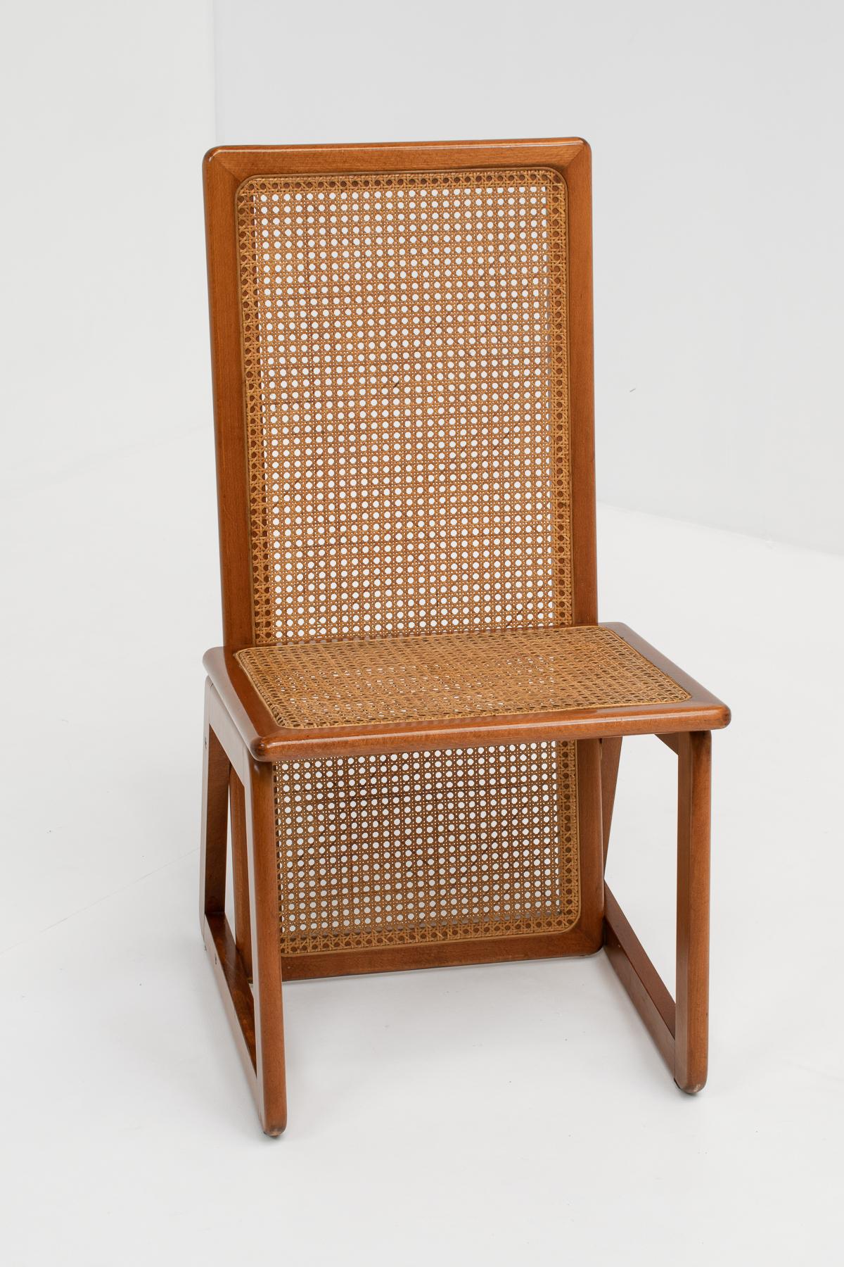 Set of 4 Italian High-Back Dining Chairs in Wood & Cane, 1970s For Sale 1