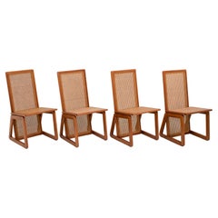 Set of 4 Italian High-back Dining Chairs in Wood & Cane, 1970s