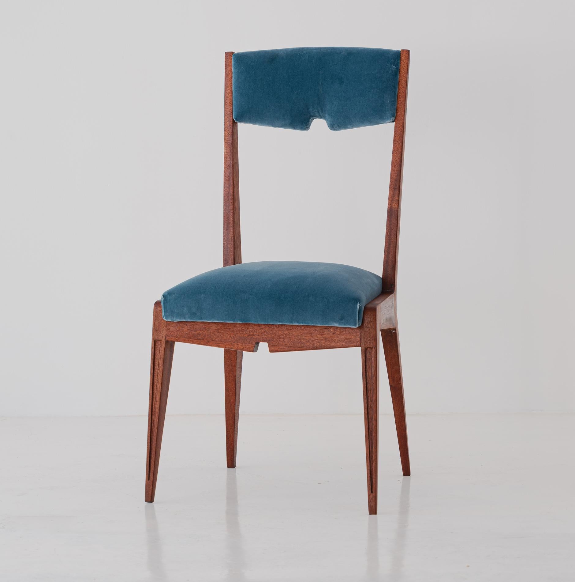 Mid-Century Modern Set of 4 Italian Dining Chairs , Light Blue Velvet and Mahogany Wood , 1950s