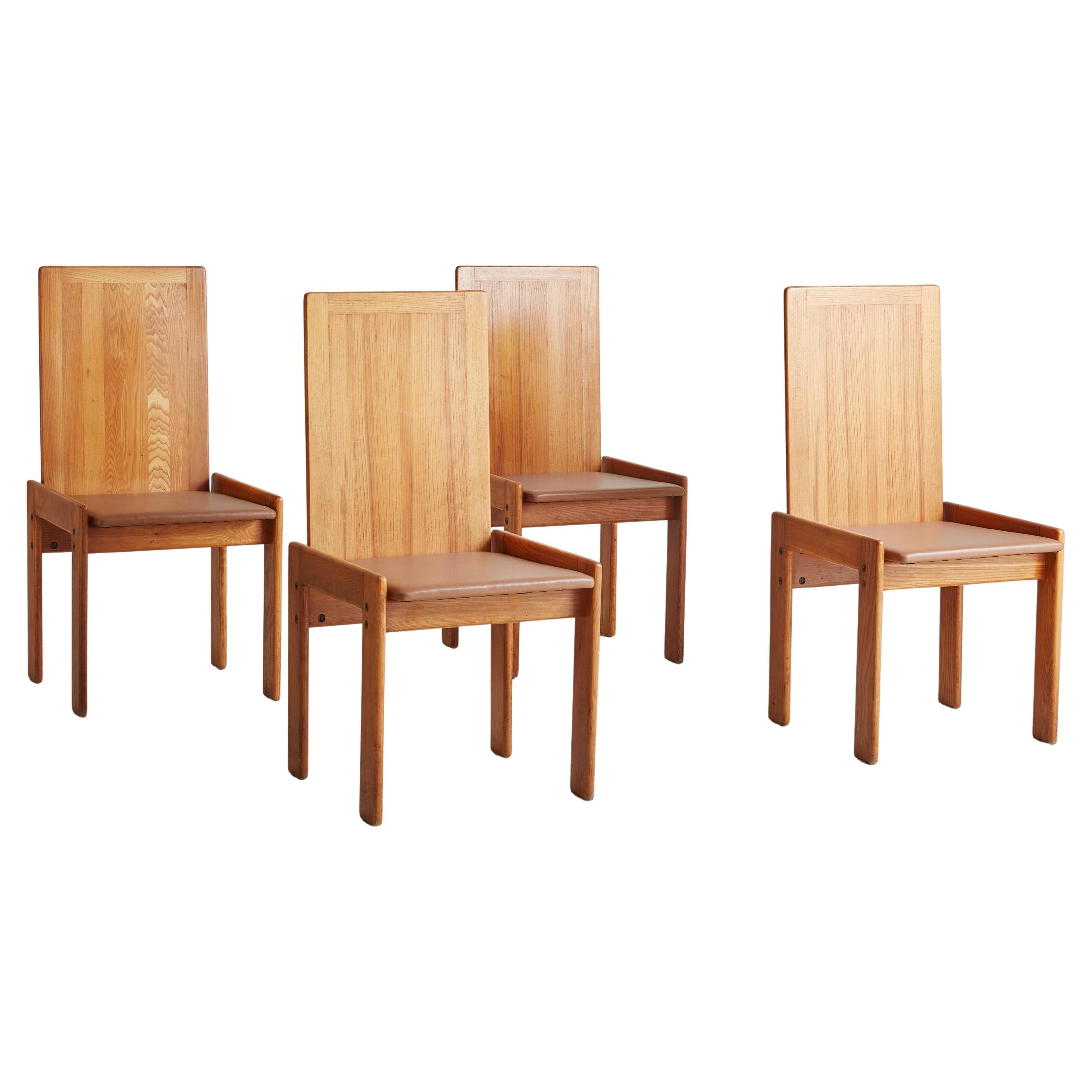 Set of 4 Italian Elm + Leather Dining Chairs by Romanutti, 1970s