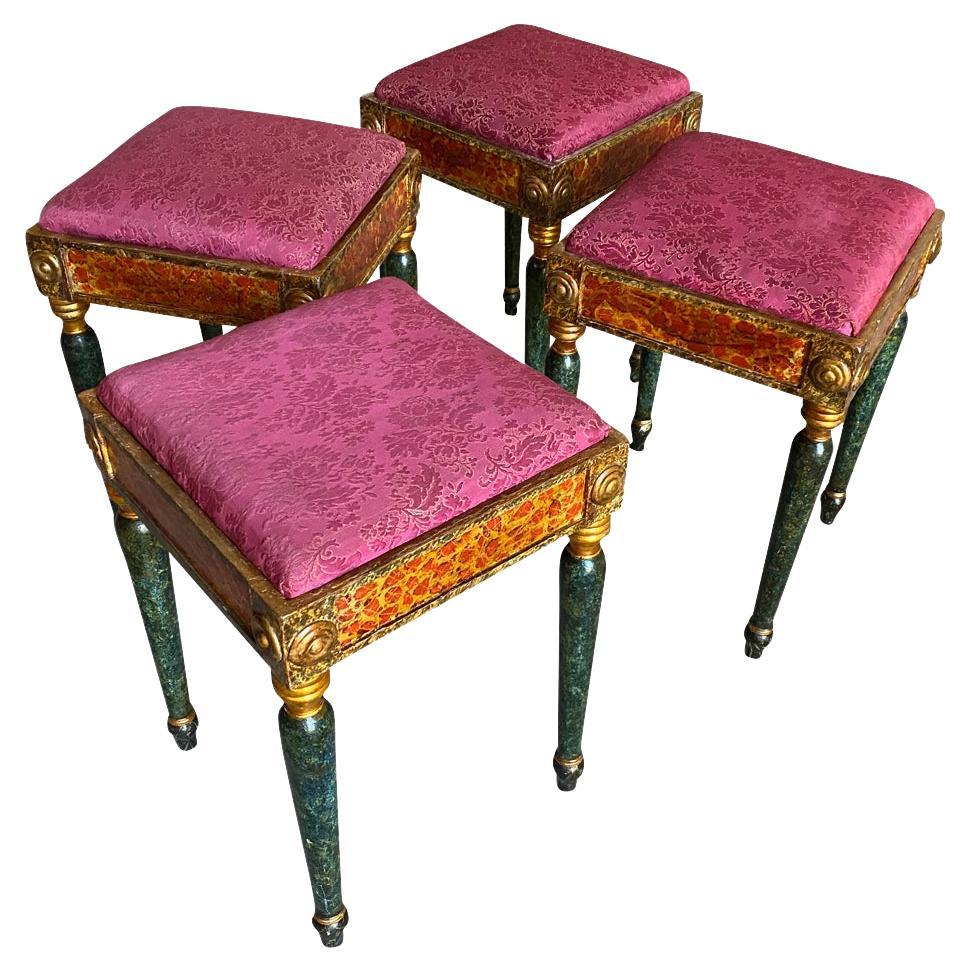 A stunning and outstanding set of 4 Empire Stools from Venice, Italy. Beautifully constructed from polychromed and gilt wood. Wonderful finishes in faux tortoise shell and antico verdi. The seat cushions are removable. Super chic.
