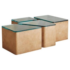 Set of 4 Italian Faux Parchment + Glass Top Coffee or Side Tables, 1970s