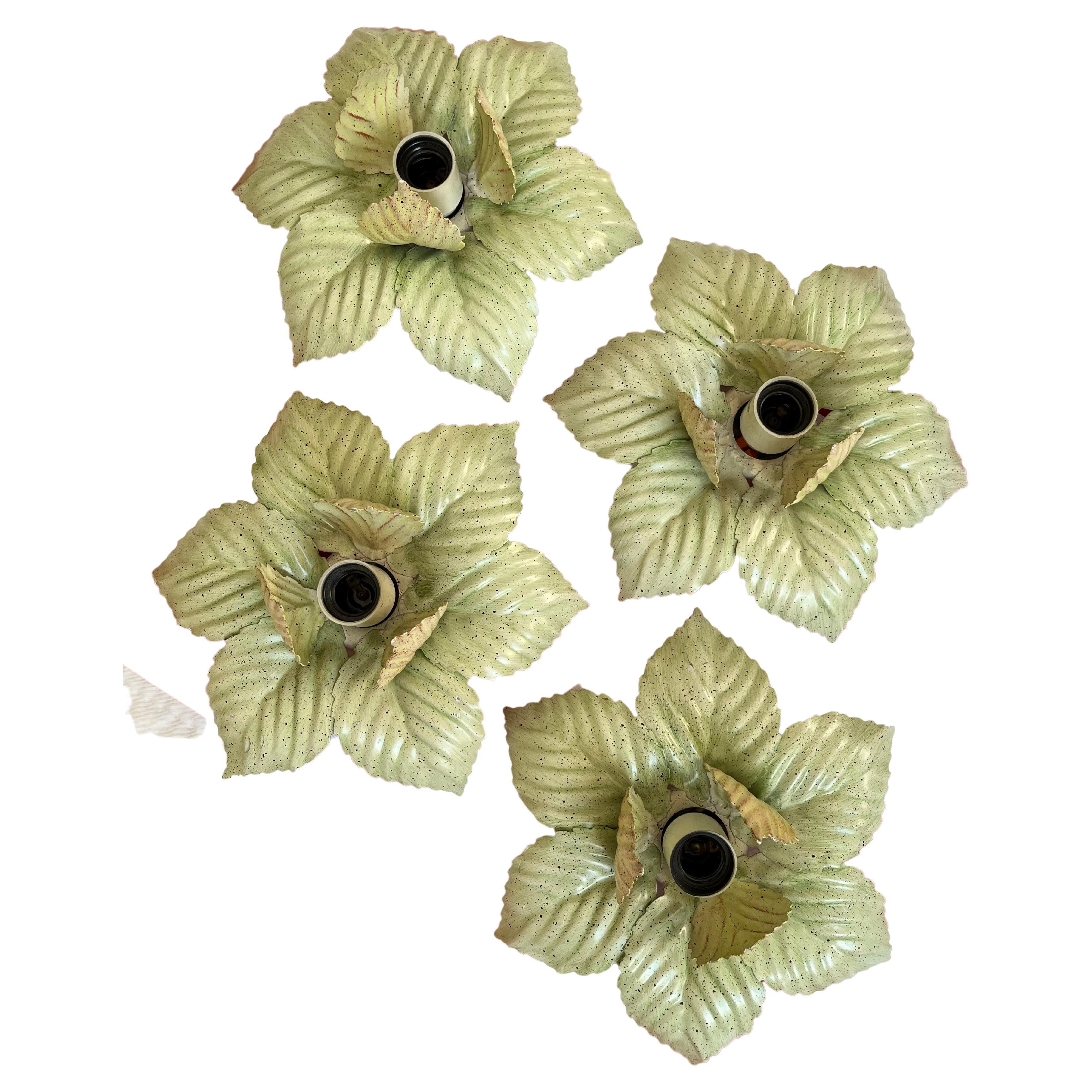 Set of 4 Italian Florentine Wall or Ceiling Sconces in Floral Shapes, 1960s