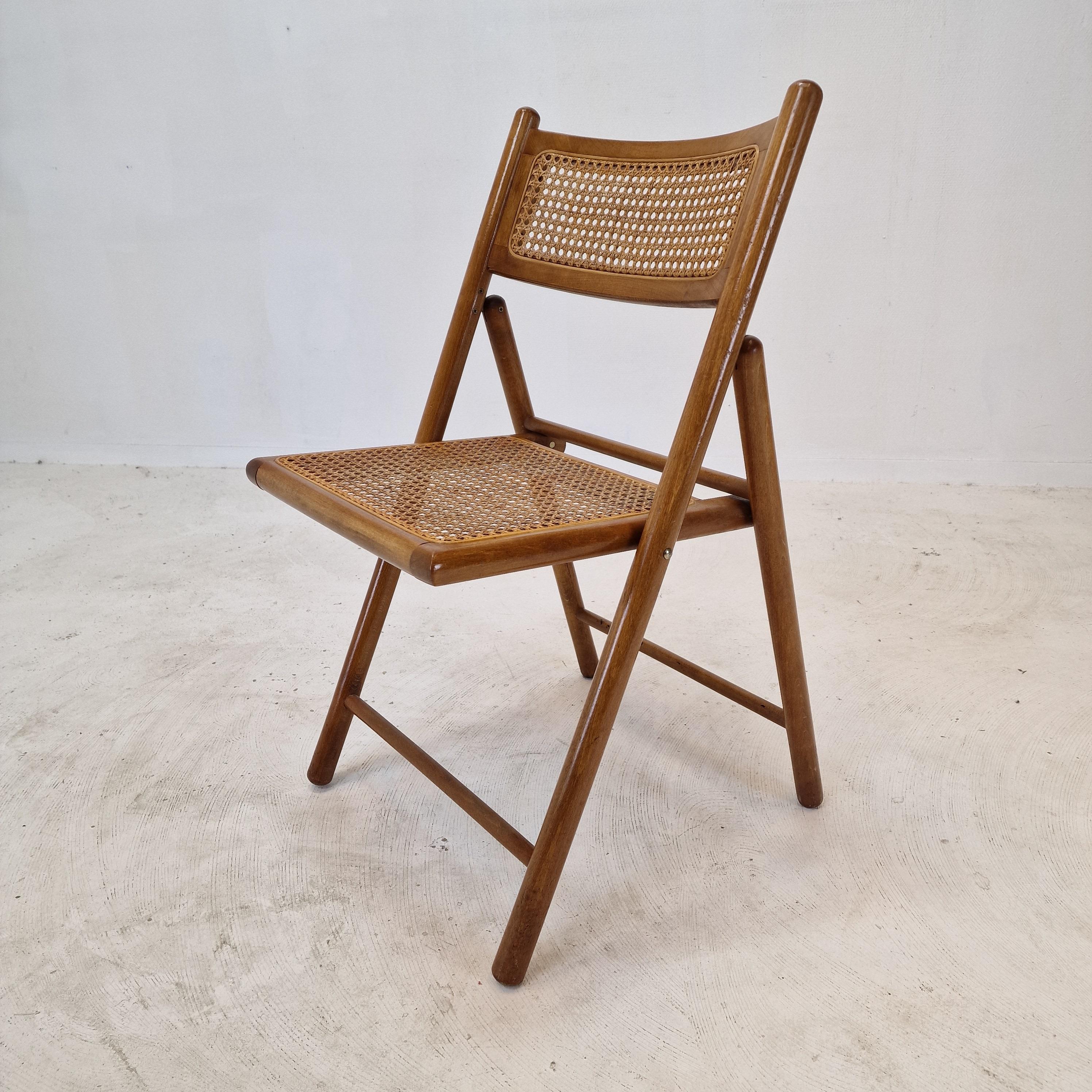 Set of 4 Italian Folding Chairs with Rattan, 1980s For Sale 7
