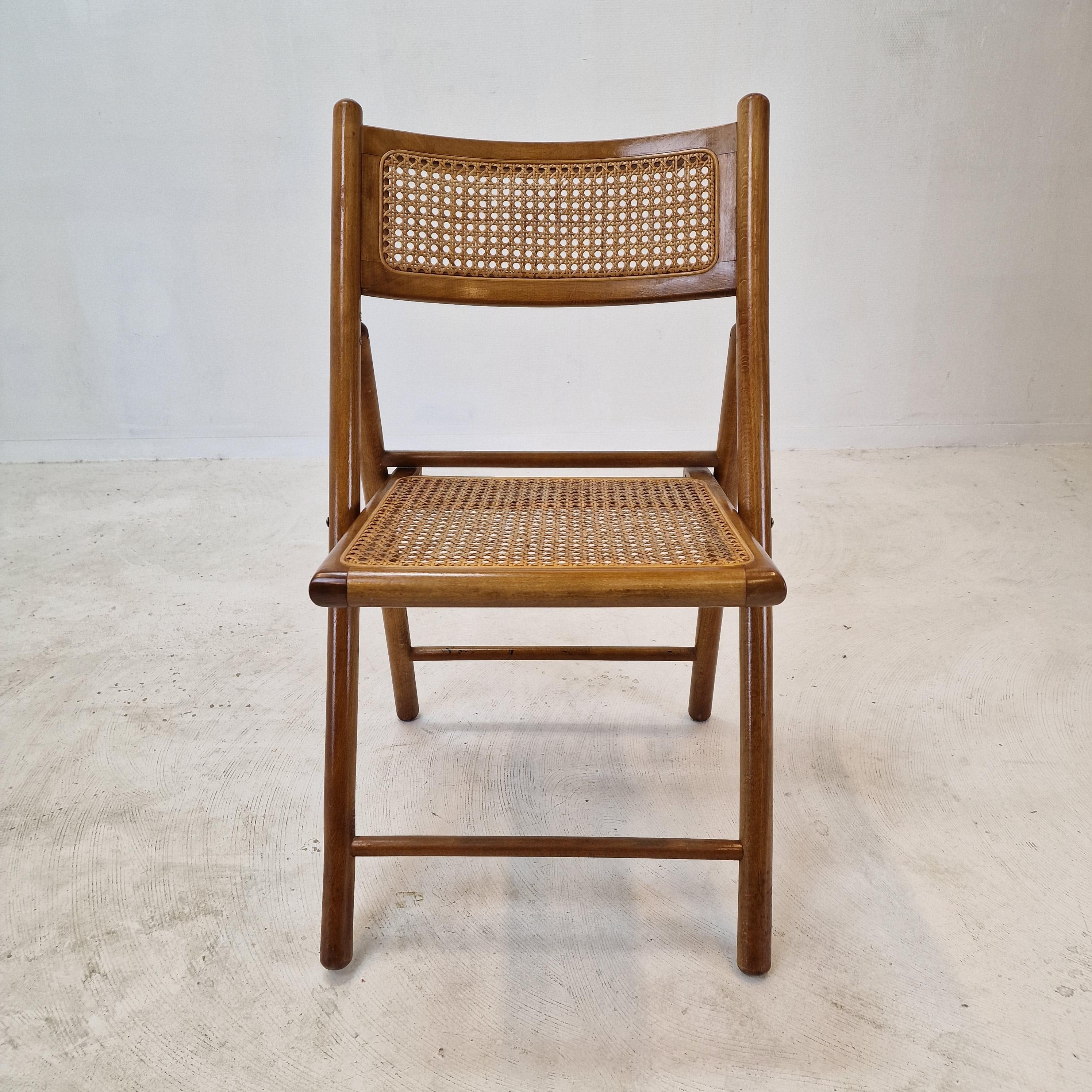 Set of 4 Italian Folding Chairs with Rattan, 1980s For Sale 9