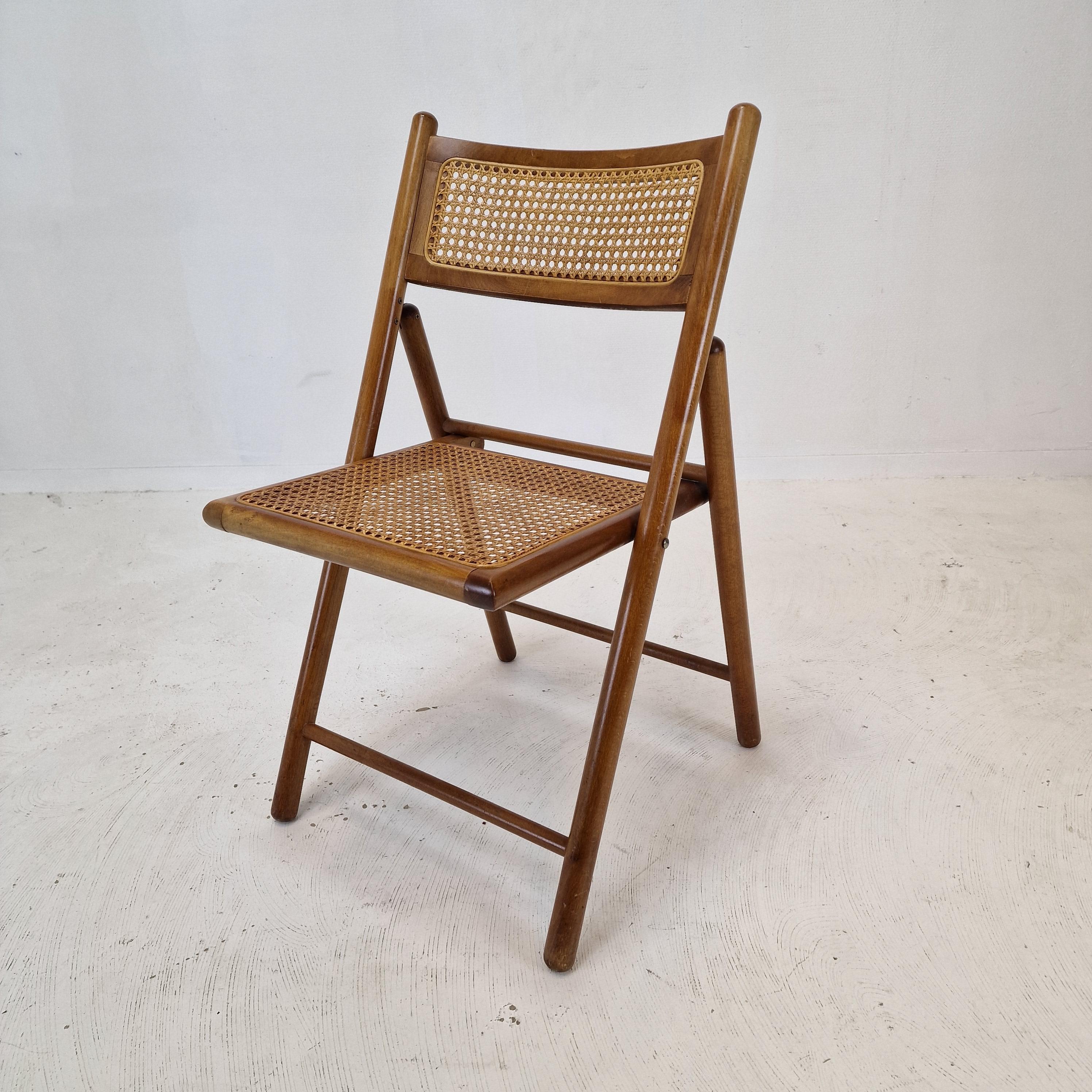 Late 20th Century Set of 4 Italian Folding Chairs with Rattan, 1980s For Sale