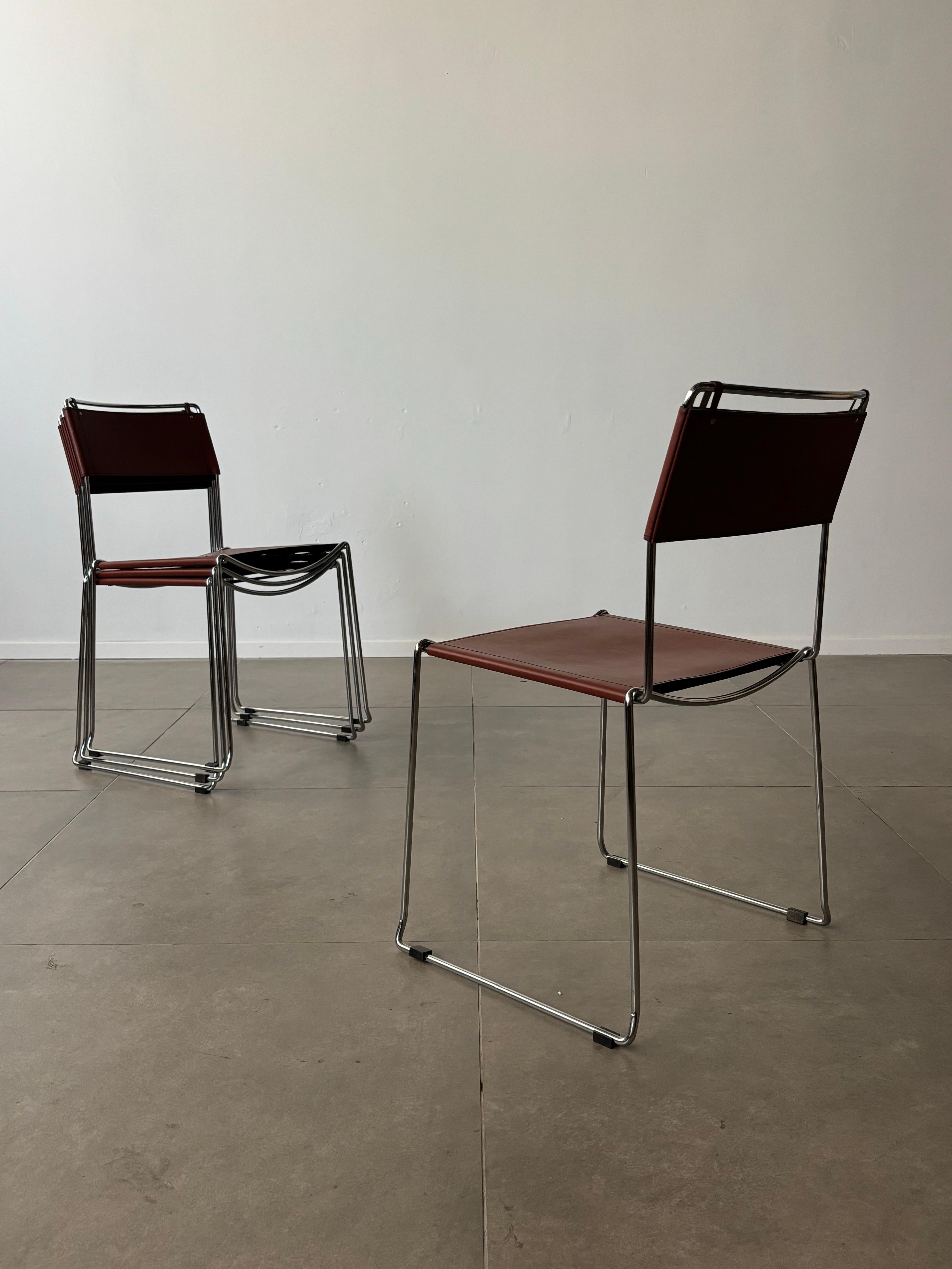 Set of 4 Italian Giandomenico Belotti chairs in brown leather 1980s. 5