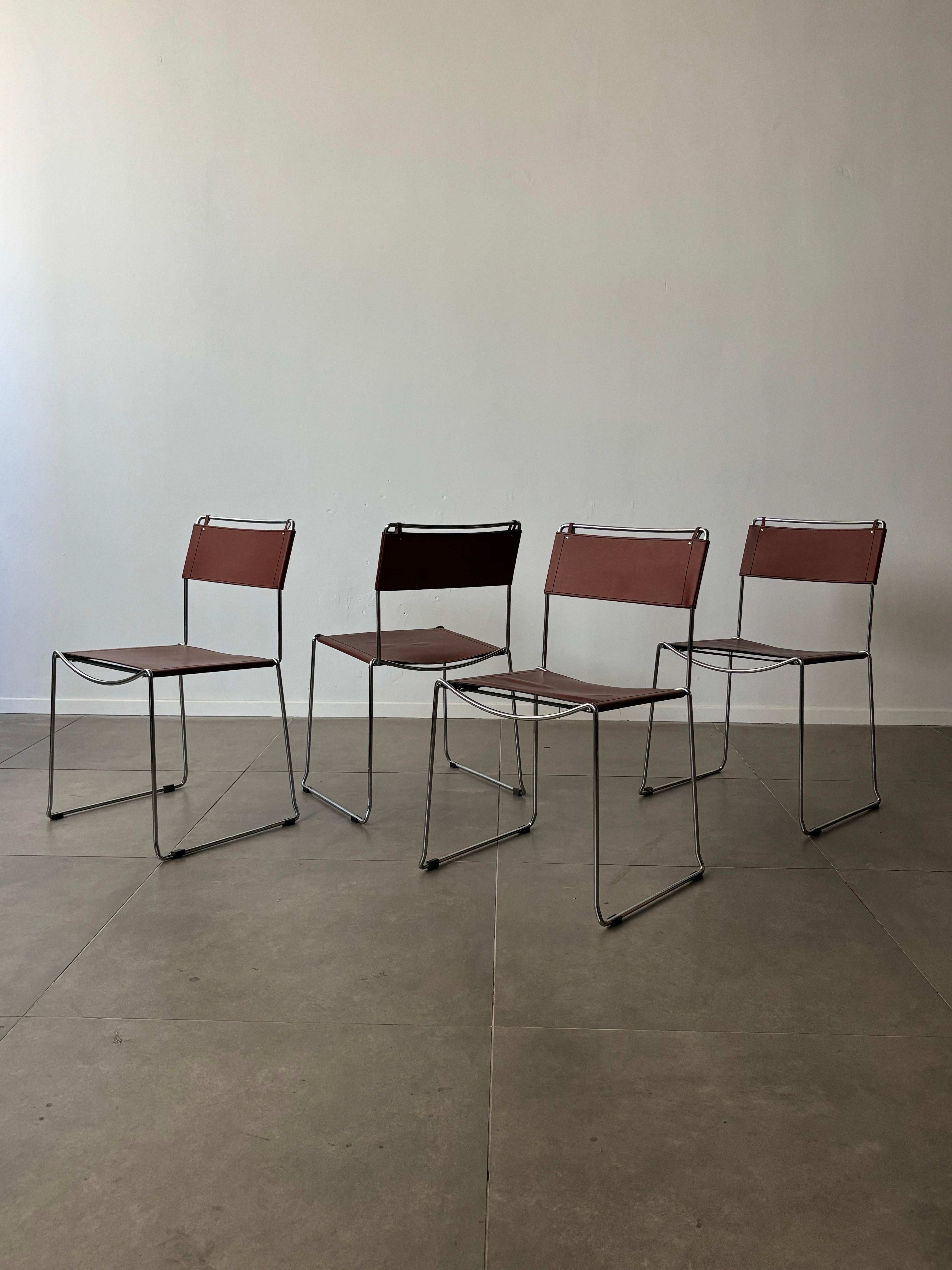 Set of 4 Italian Giandomenico Belotti chairs in brown leather 1980s. 6