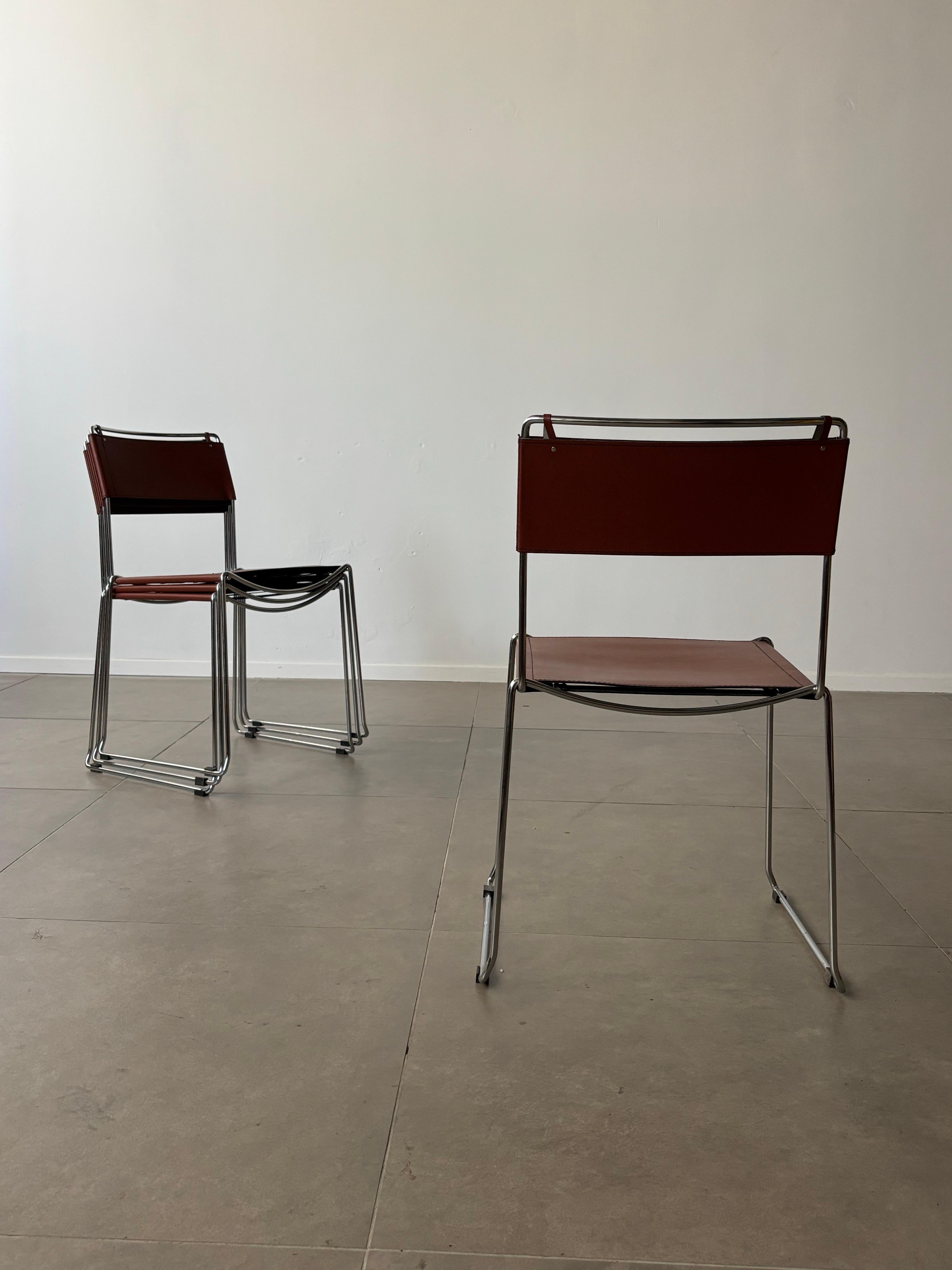 20th Century Set of 4 Italian Giandomenico Belotti chairs in brown leather 1980s.
